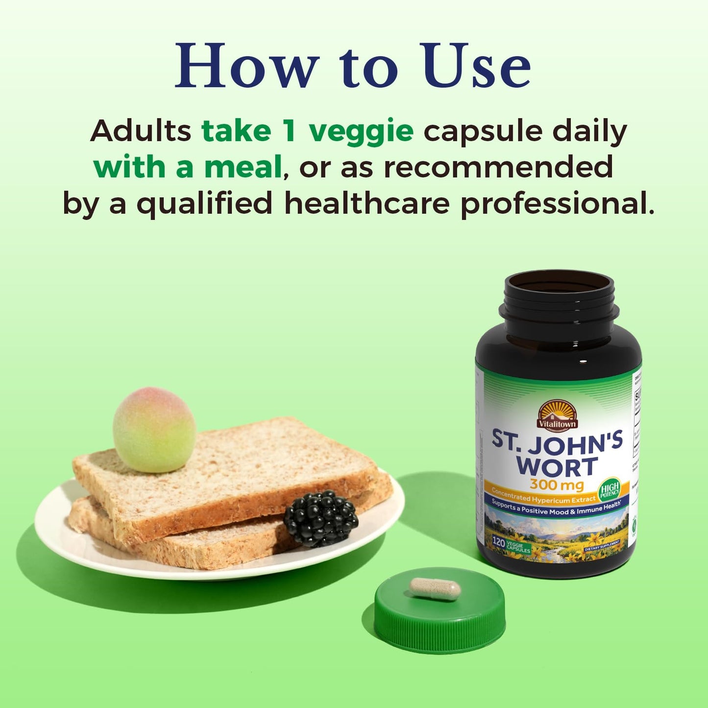 Vitalitown St. John's Wort 300mg Concentrated Herbal Extract Mood & Nerve Health Support Capsules 120