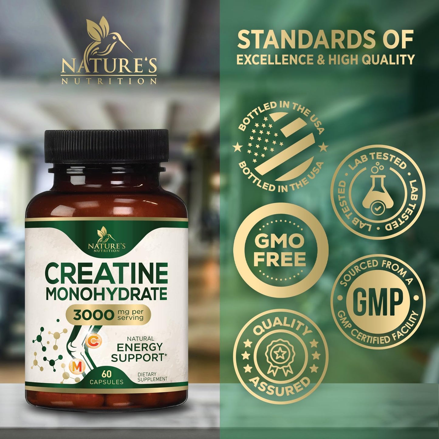 Nature's Nutrition Creatine Monohydrate 3000mg Micronized Creatine Capsule, 60 Capsules