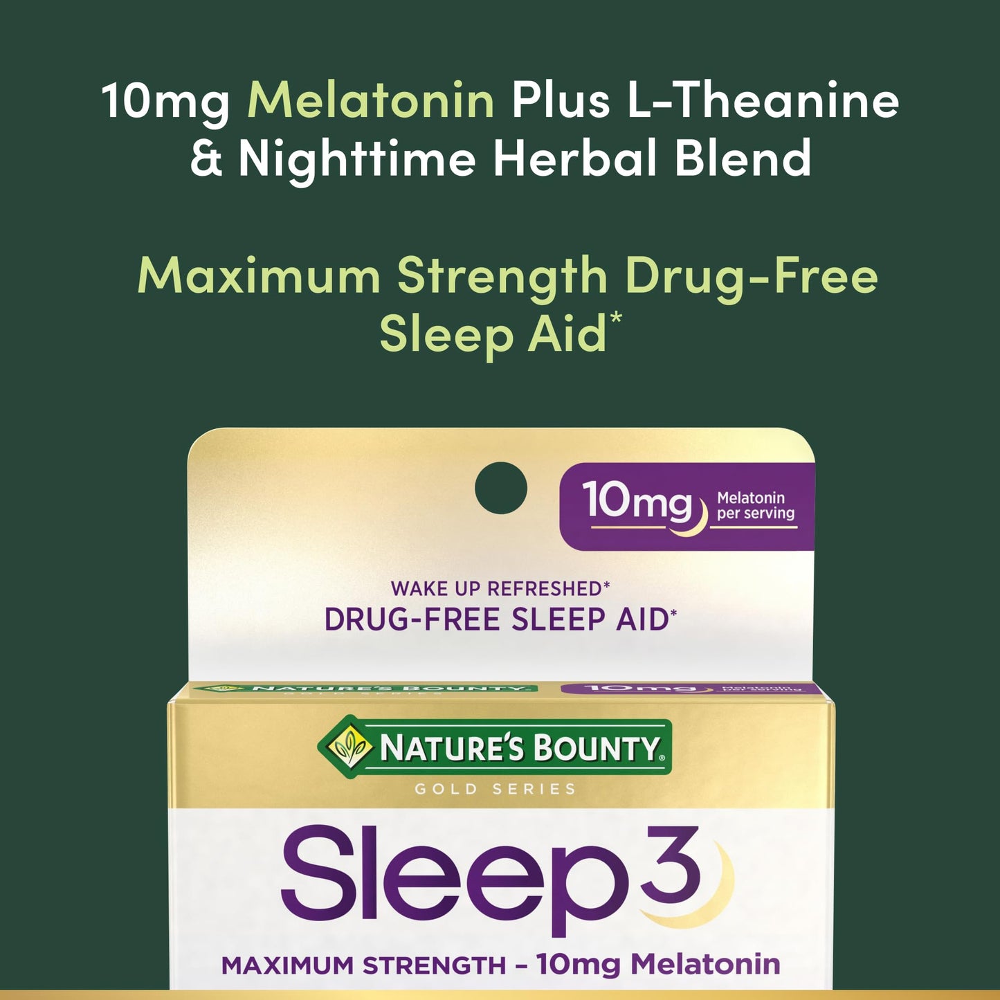 Nature's Bounty Melatonin Sleep3 Maximum Strength 100% Drug Free Sleep Aid, L-Theanine & Nighttime Herbal Blend Time Release Technology, 10mg, 30 Tablets