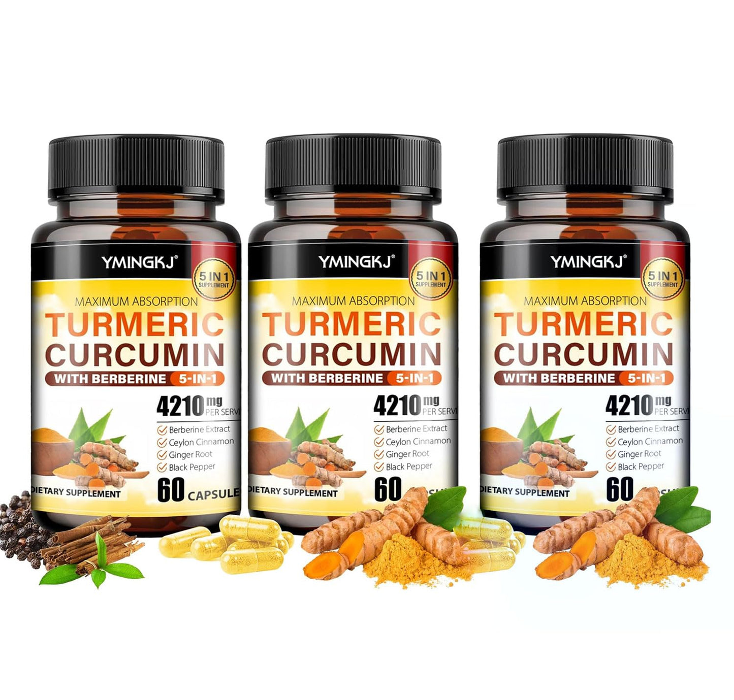 YMINGKJ Turmeric Curcumin Supplement with Black Pepper & Bioactive Botanicals (Turmeric, Ginger, Berberine, Ceylon Cinnamon) – Premium Daily Wellness Support Capsules 180