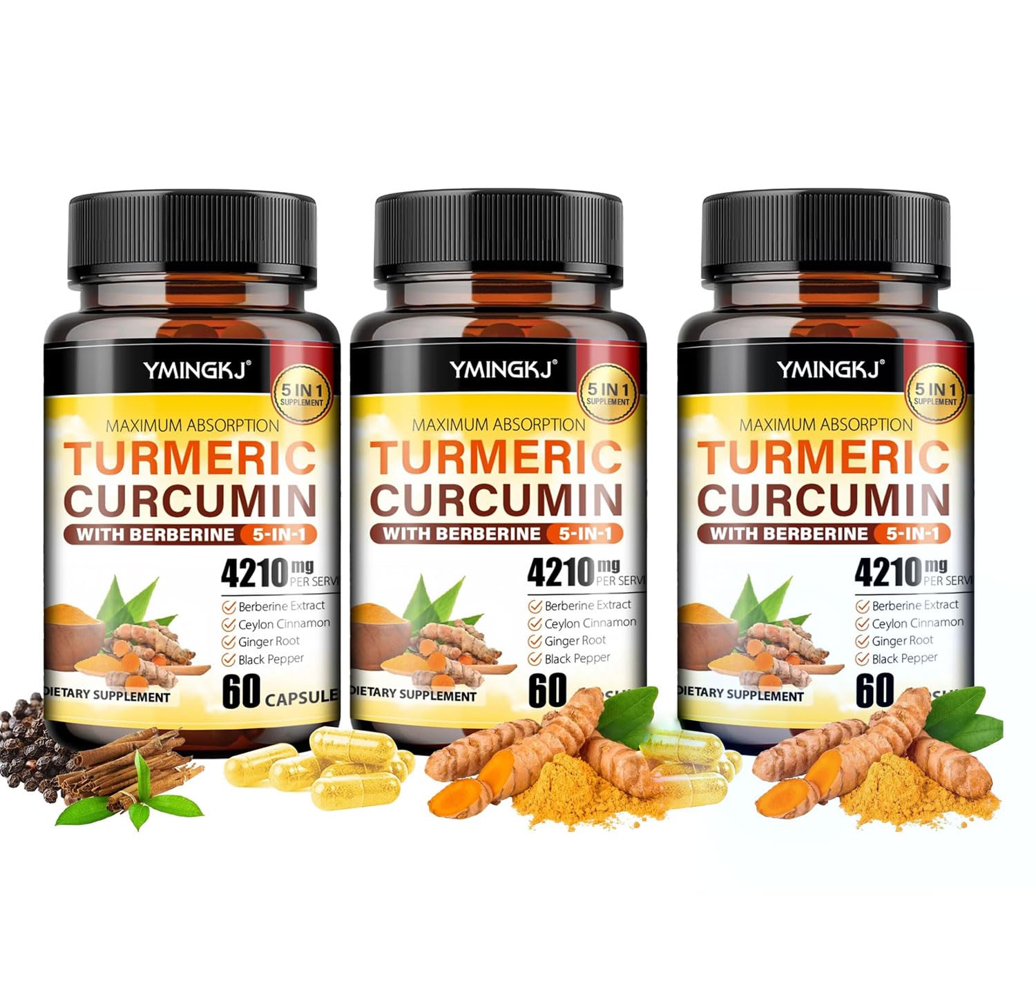 YMINGKJ Turmeric Curcumin Supplement with Black Pepper & Bioactive Botanicals (Turmeric, Ginger, Berberine, Ceylon Cinnamon) – Premium Daily Wellness Support Capsules 180