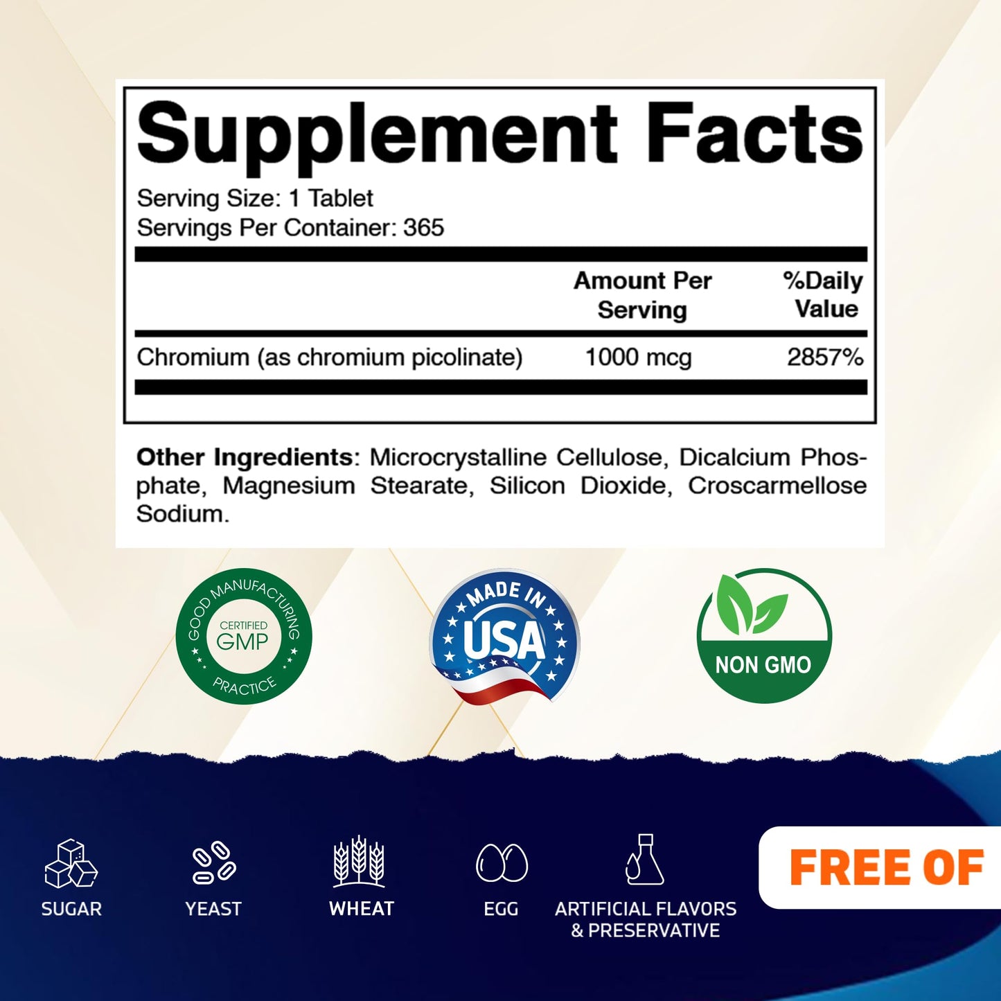 Vitamatic Chromium 1000 mcg Picolinate Tablets, 365 Count, Non-GMO, Gluten Free