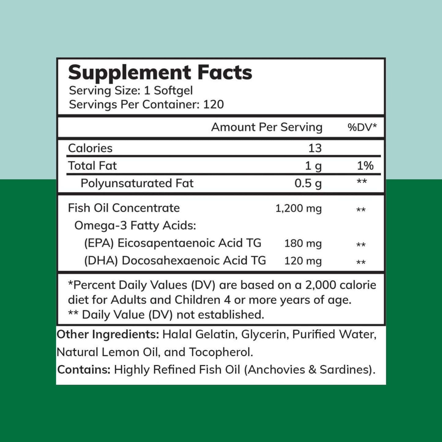 Zaytun Vitamins Halal Fish Oil 1200mg Omega-3 Premium EPA/DHA One Per Day Softgels 120 Count