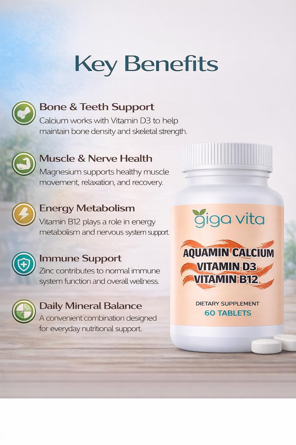 Giga Vita Aquamin Calcium with Vitamin D3 & Vitamin B12 – Bone, Joint & Energy Support – 60 Tablets