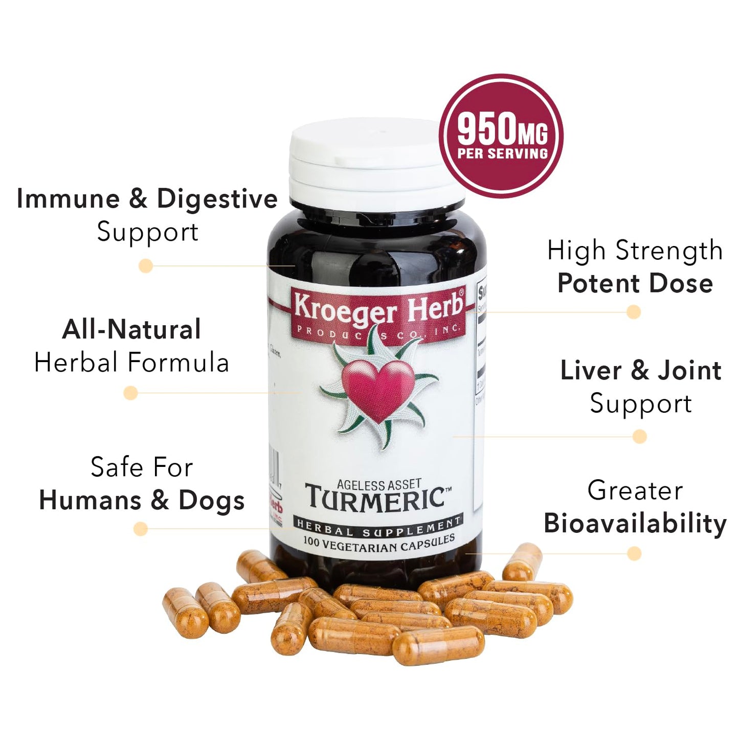 Kroeger Herb Products High Absorption Turmeric Supplement for Joint Support, 100 Capsules