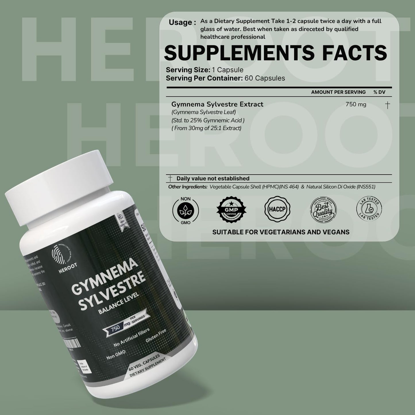 Heroot Gymnema Sylvestre Extract 350 mg for Blood Sugar and Metabolism Support, 60 Capsules