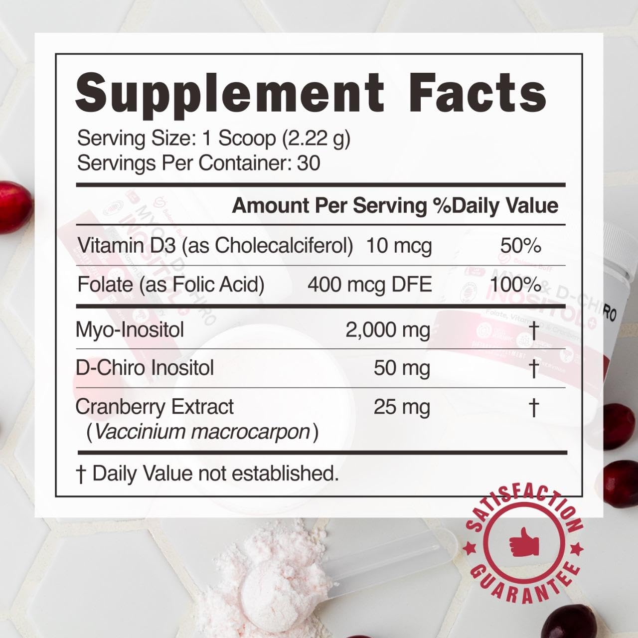 BallBuff Myo-Inositol & D-Chiro Inositol Powder - 40:1 Ratio with Folate, Vitamin D & Cranberry - Inositol Supplement for Women - 30 Day Supply, 4 Count