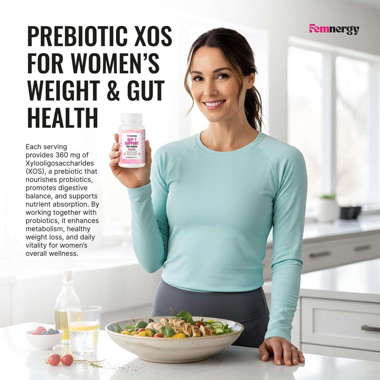 Femnergy GLP-1 Support Weight Loss Probiotic Prebiotic Supplement for Women, 60 Capsules