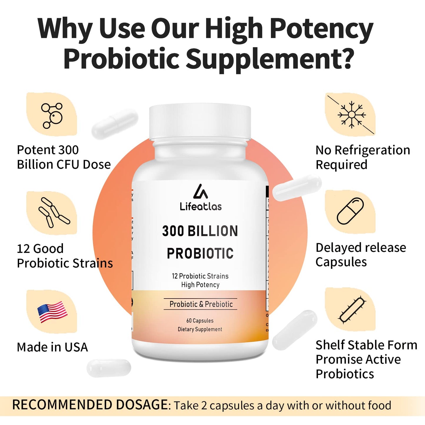 Lifeatlas 300 Billion CFU Probiotics Capsule, 60 Count