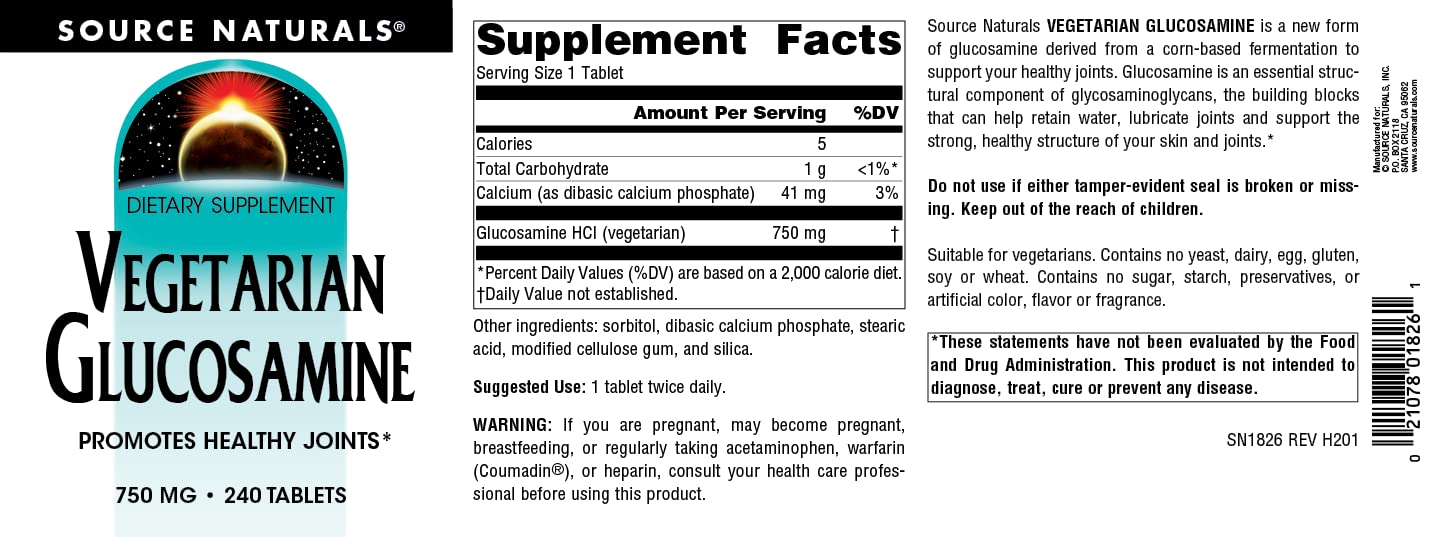 Source Naturals Vegetarian Glucosamine 750 mg Tablet, 240 Count
