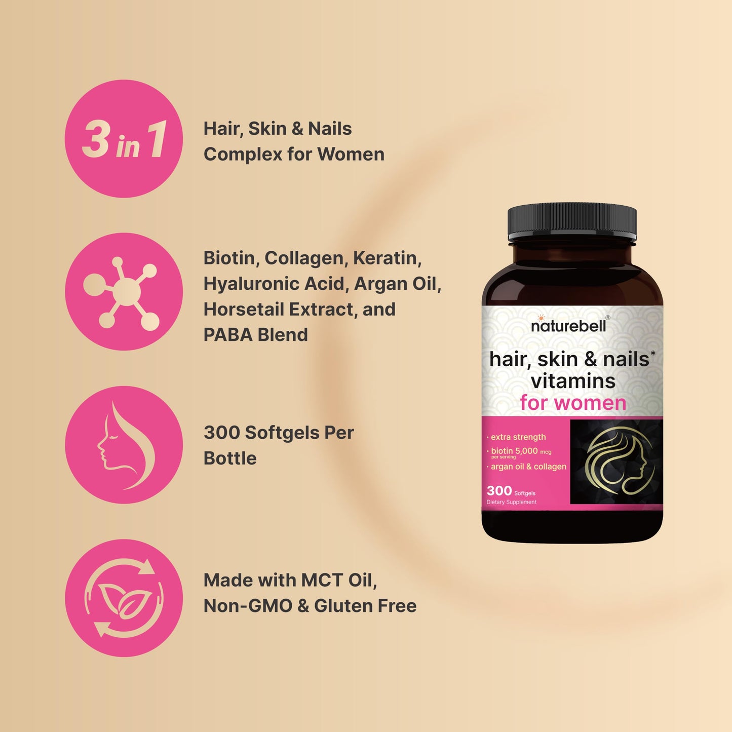 NatureBell Hair, Skin & Nails Vitamins for Women 300 Softgels