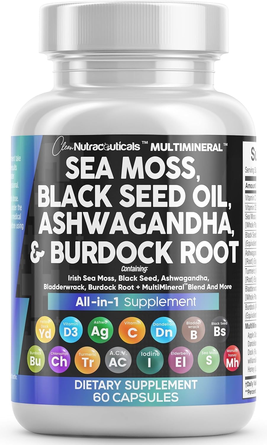 Clean Nutraceuticals Sea Moss Black Seed Oil Ashwagandha Turmeric Bladderwrack Burdock & Vitamin C Vitamin D3 with Elderberry Manuka Dandelion Yellow Dock Iodine Chlorophyll ACV Capsules 60 Count