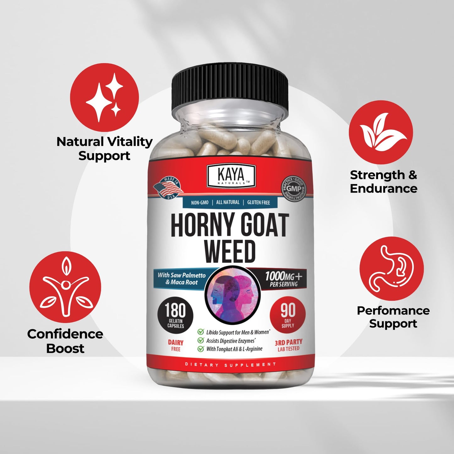 Kaya Naturals Horny Goat Weed Extract - Maca - Extra Strength Complex with Saw Palmetto Ginseng, Arginine Vitamin Supplement Capsule 180 Count
