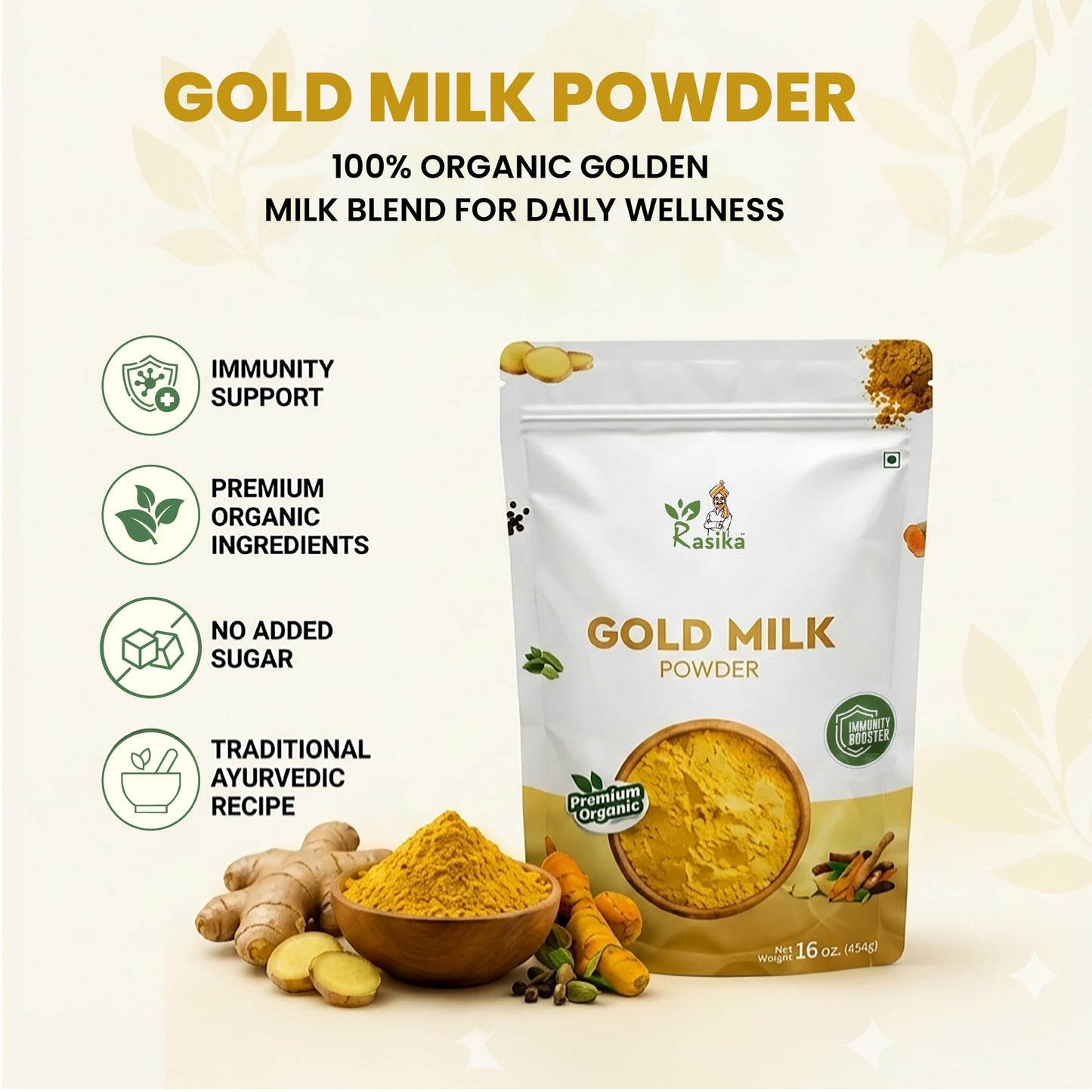 RASIKA OVERSEAS Golden Milk Powder Blend- Turmeric Latte with Ginger Ashwagandha & Cinnamon Complex for Sleep Relaxation Vitality & Immune Support Powder 16 oz