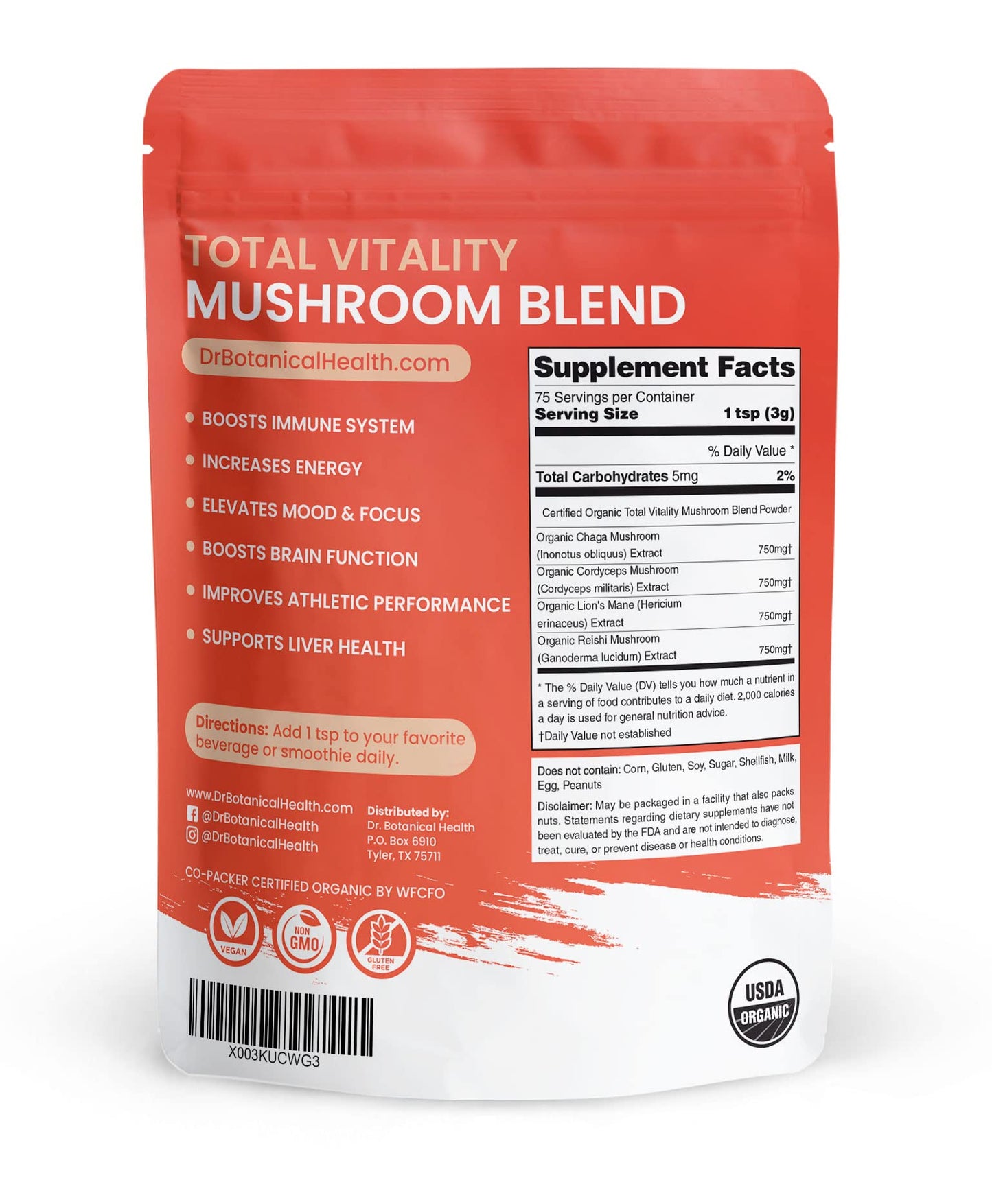 Dr. Botanical Health Organic Mushroom Powder Blend - 4-in-1 Reishi, Lion’s Mane, Cordyceps & Chaga Mushroom Supplement Extract Complex, Powder, 8