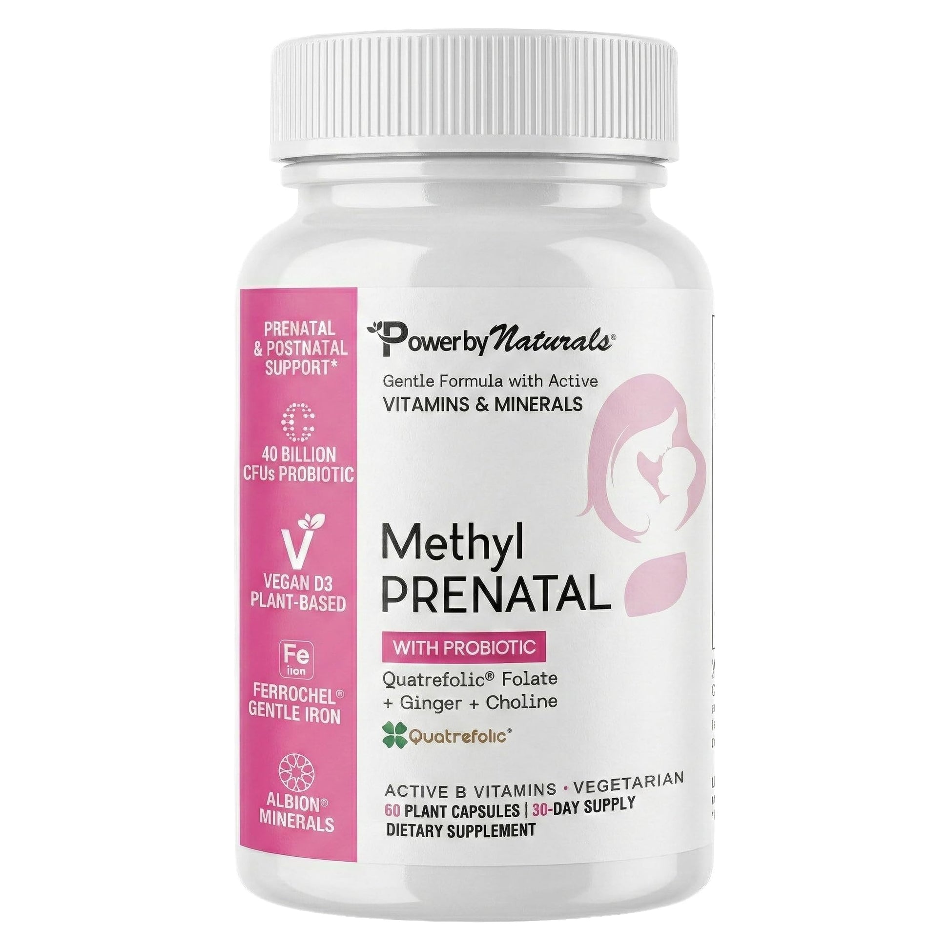Power By Naturals Methyl Prenatal with Probiotics – Prenatal Vitamins for Women with Iron, Methyl Folate, B12 & 28 Nutrients & Botanicals – Vegan, Non-GMO, Gluten-Free 60 Capsules