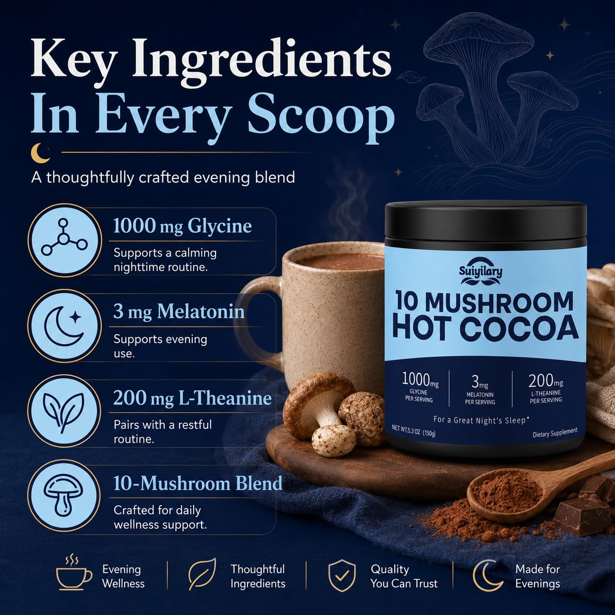 Suiyilary 10 Mushroom Hot Cocoa Powder with 3mg Melatonin Sleep Supplement, 5.3 oz