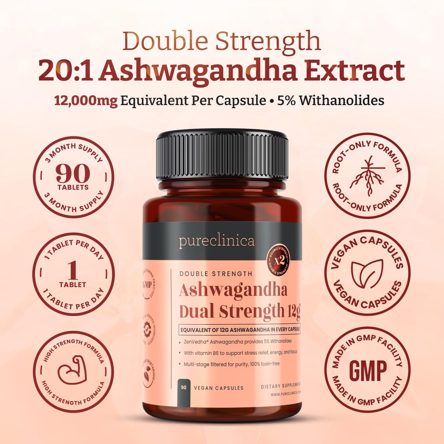 pureclinica ZenVedha Ashwagandha 600mg (20:1 Root Extract) – 180 Tablets