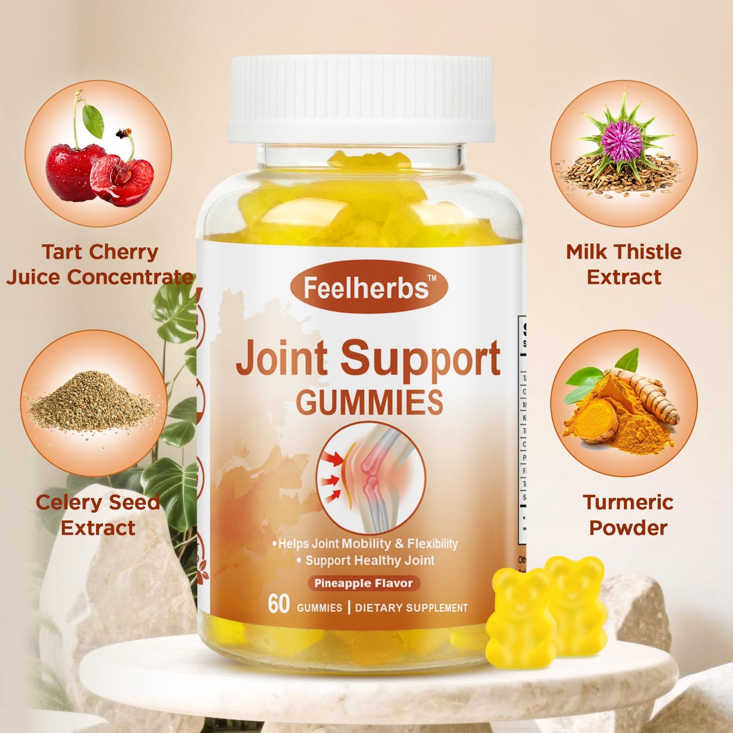 Feelherbs Natural Joint Support Gummies for Women & Men, Pineapple, Extra Strength, with Turmeric & Tart Cherry, Glucosamine-Free, 60 Count