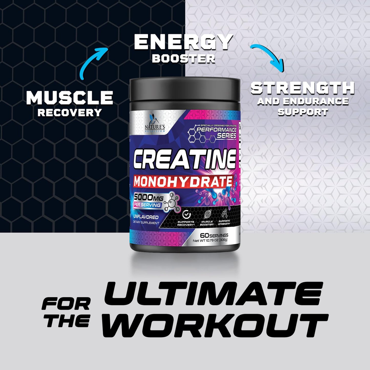 Nature's Nutrition Creatine Monohydrate Micronized 5000mg Per Serving - Performance Powder Creatine Nutritional Supplement - For Muscle Strength & Energy Support, Unflavored Monohydrate Powder - USA Bottled - 60 Servings