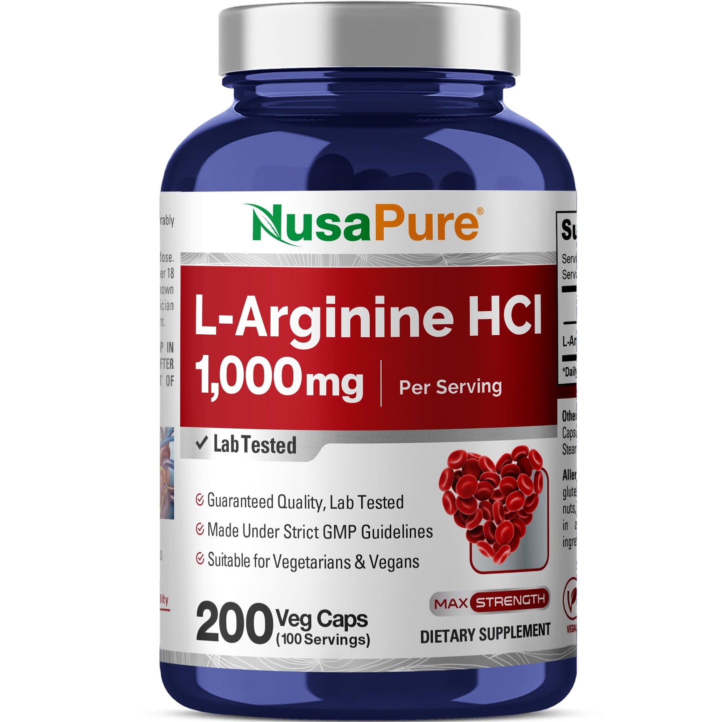 NusaPure L-Arginine HCI 1000mg Capsule, 200 Count