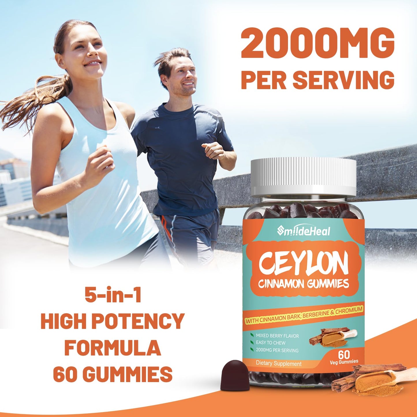 SmildeHeal Sugar Free Ceylon Cinnamon Gummies 2000MG Cinnamon Supplement with Chromium and Cinnamon Bark, Vegan, Non-GMO, Gluten Free, 60 Gummies
