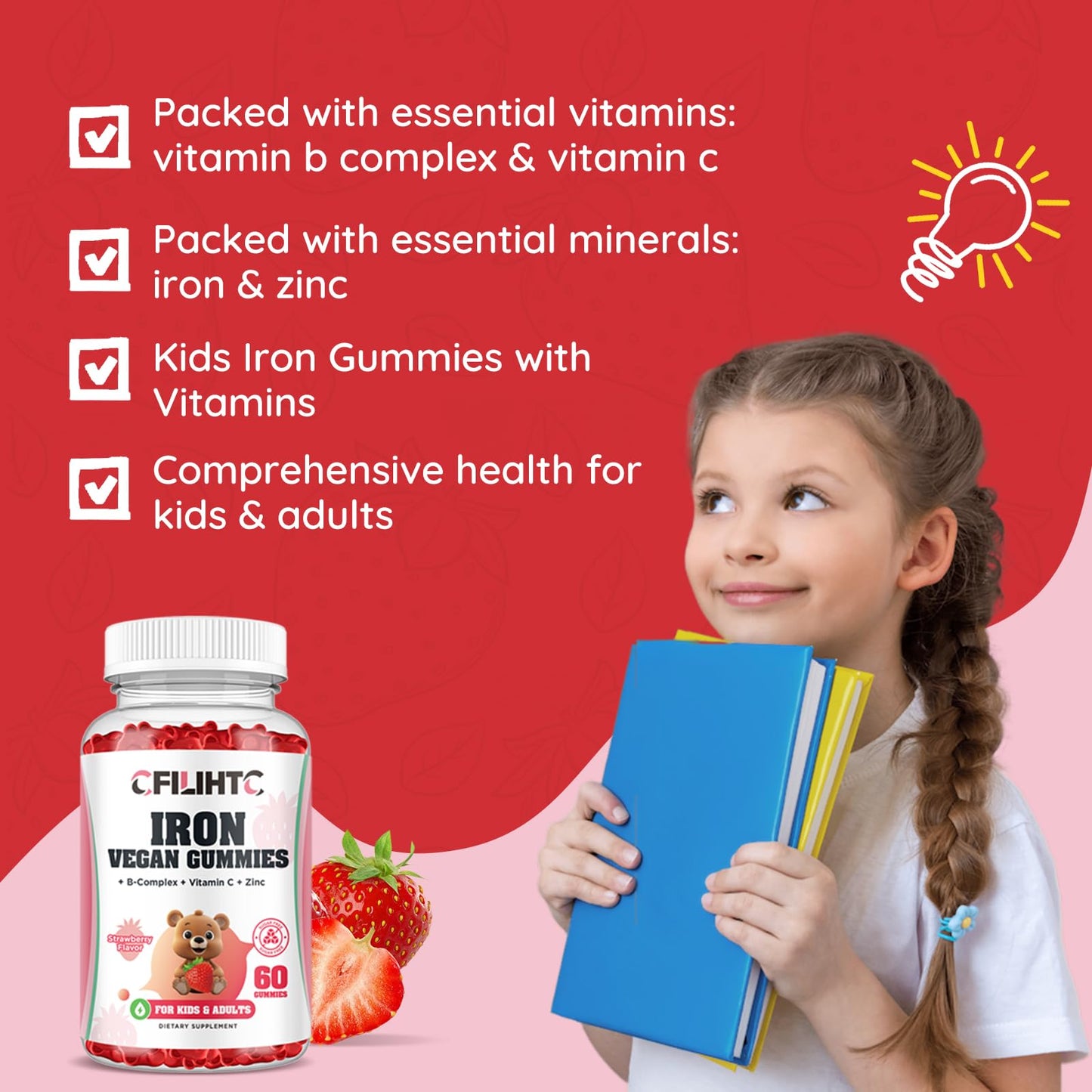 CFILIHTC Iron Gummies with Multivitamin - Vitamin B Complex, C, B6, B12, Folate, Zinc, Strawberry Flavor, Vegan, 60 Gummies