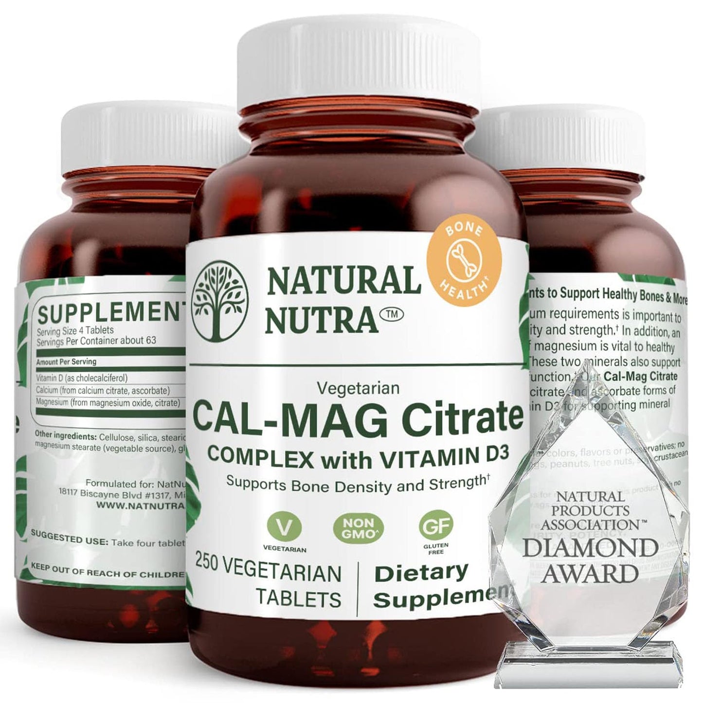 Natural Nutra Cal-Mag Citrate with Vitamin D3 1000/500 mg Complex Tablets, 250 Count