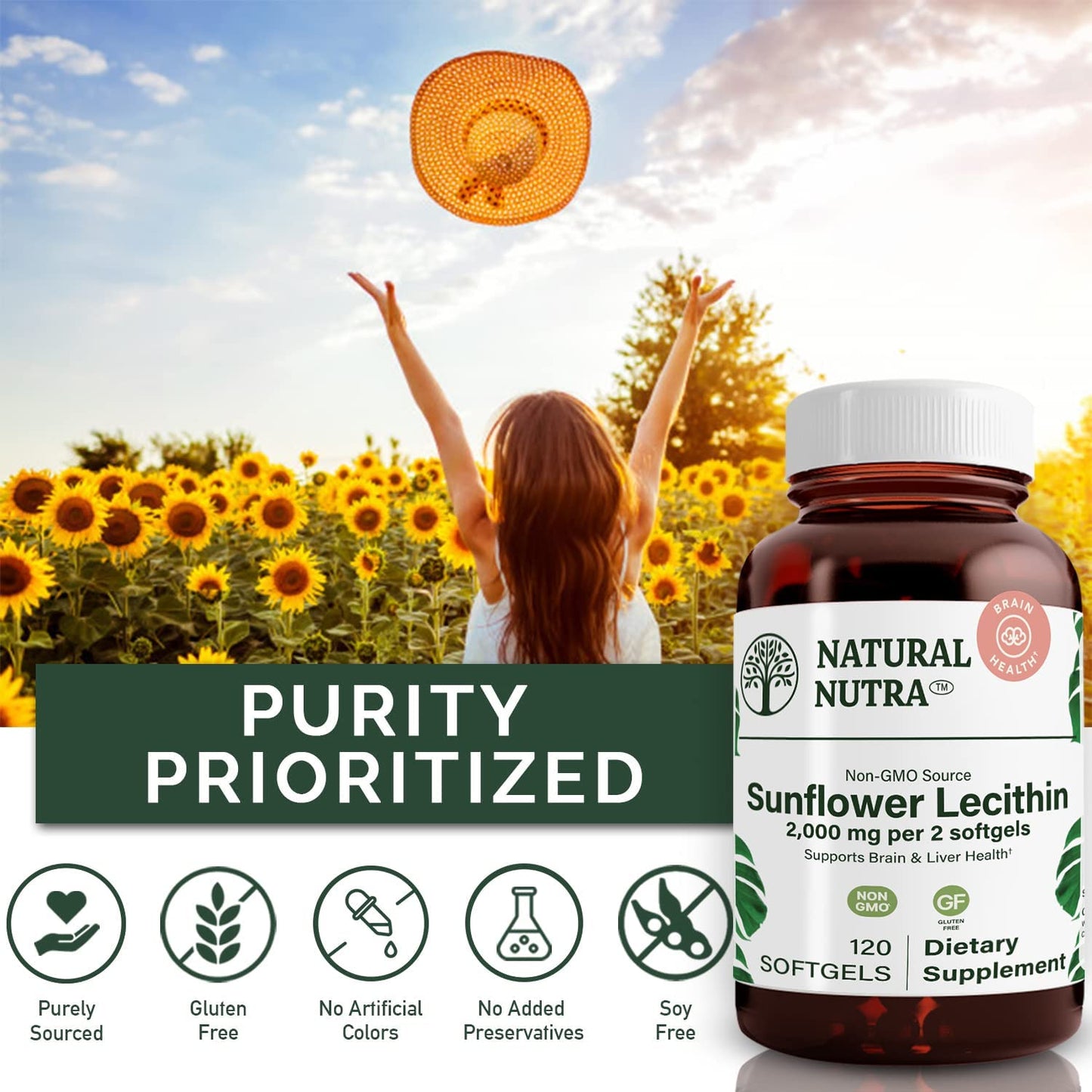 Natural Nutra Sunflower Lecithin 2000 mg Supplement Softgels, 240 Count