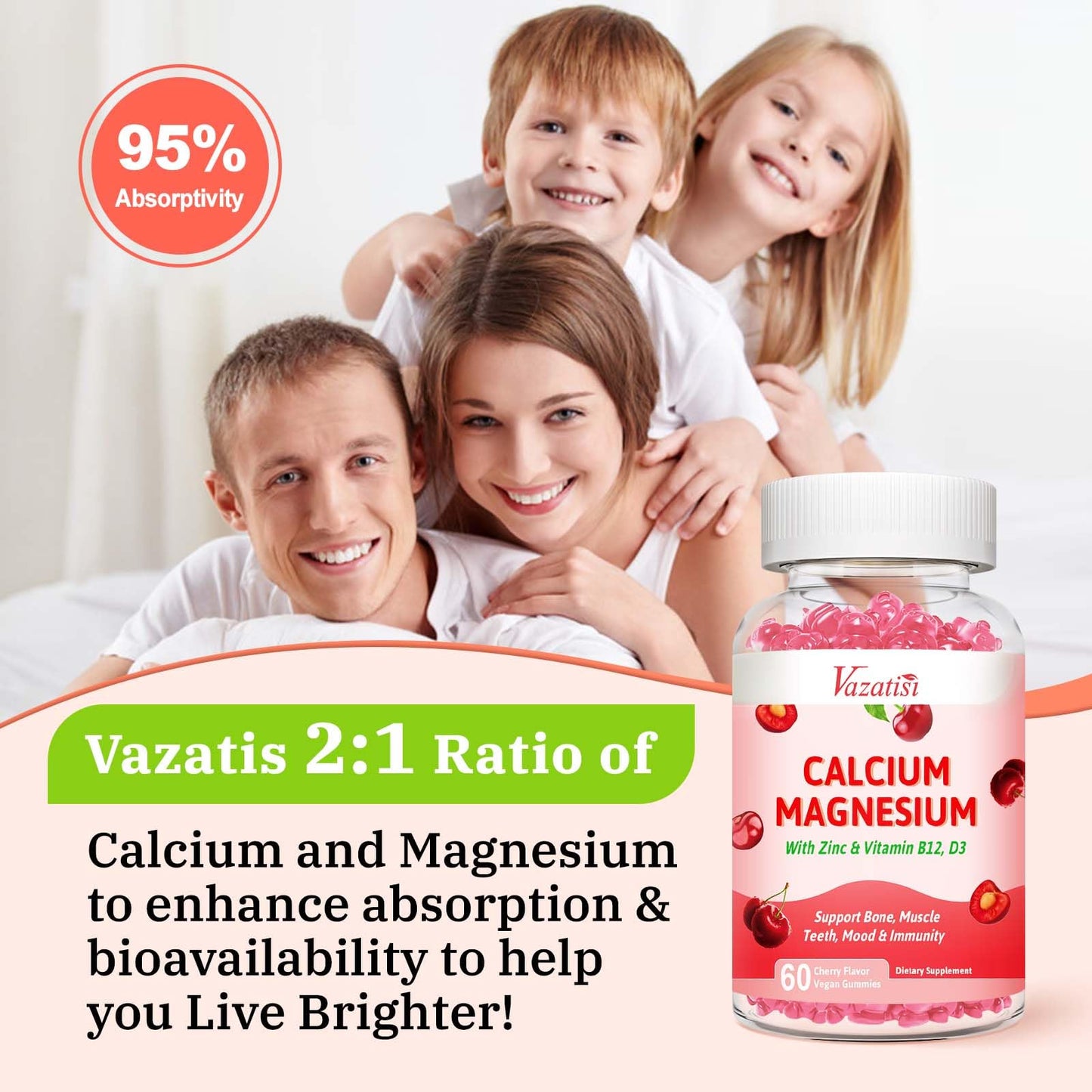 Vazatisi Calcium Magnesium Zinc Gummies with Vitamin D3 & B12, 2:1 Ratio, Vegan Cherry Flavor, 60 Count