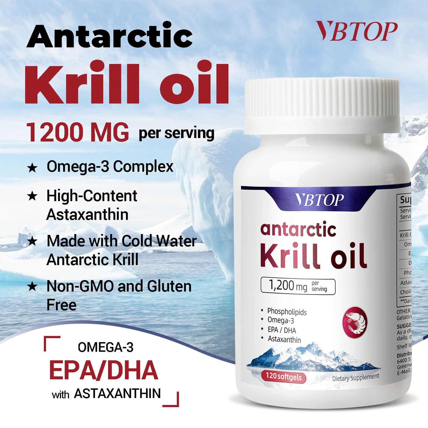 VBTOP Antarctic Krill Oil 1200mg, Omega-3 EPA DHA, Astaxanthin Softgel, 120