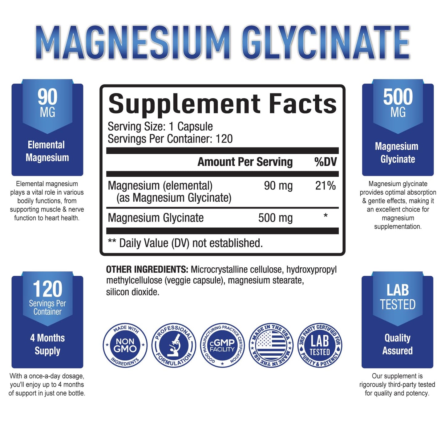 Purely Optimal Magnesium Glycinate 500mg Sleep Support & Stress Relief, Gentle, High Absorption Magnesium Supplement for Muscle Relaxation, Calm & Nerve Support, 120 Capsules