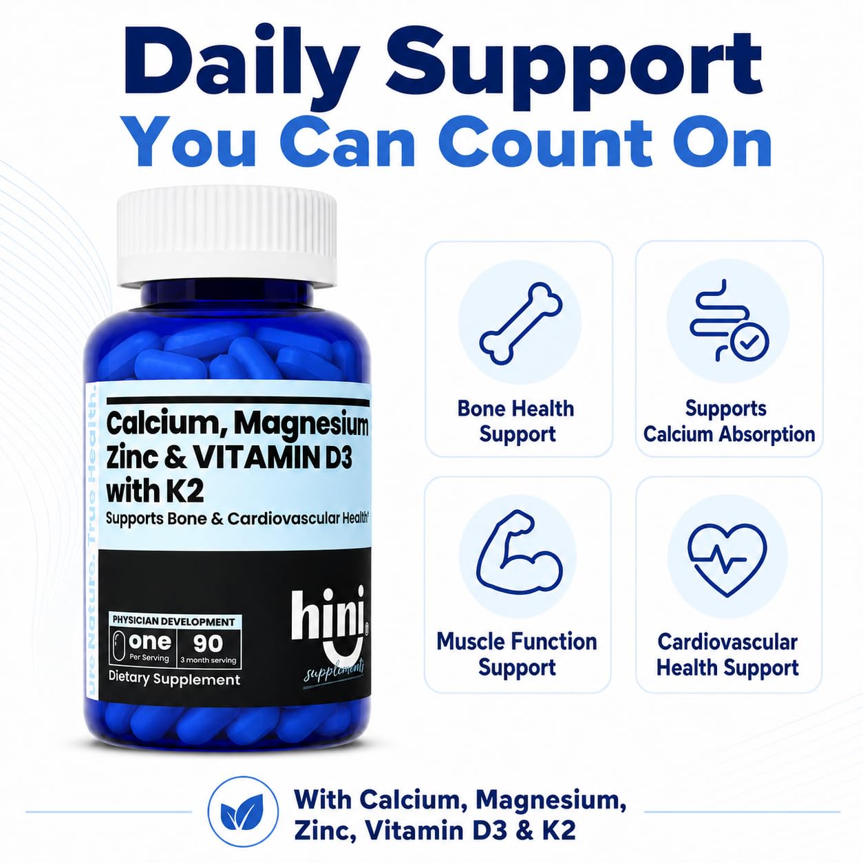 HINI Calcium Magnesium Zinc Supplement with Vitamin D3 & K2 MK-7 Tablets, 90 Tablets