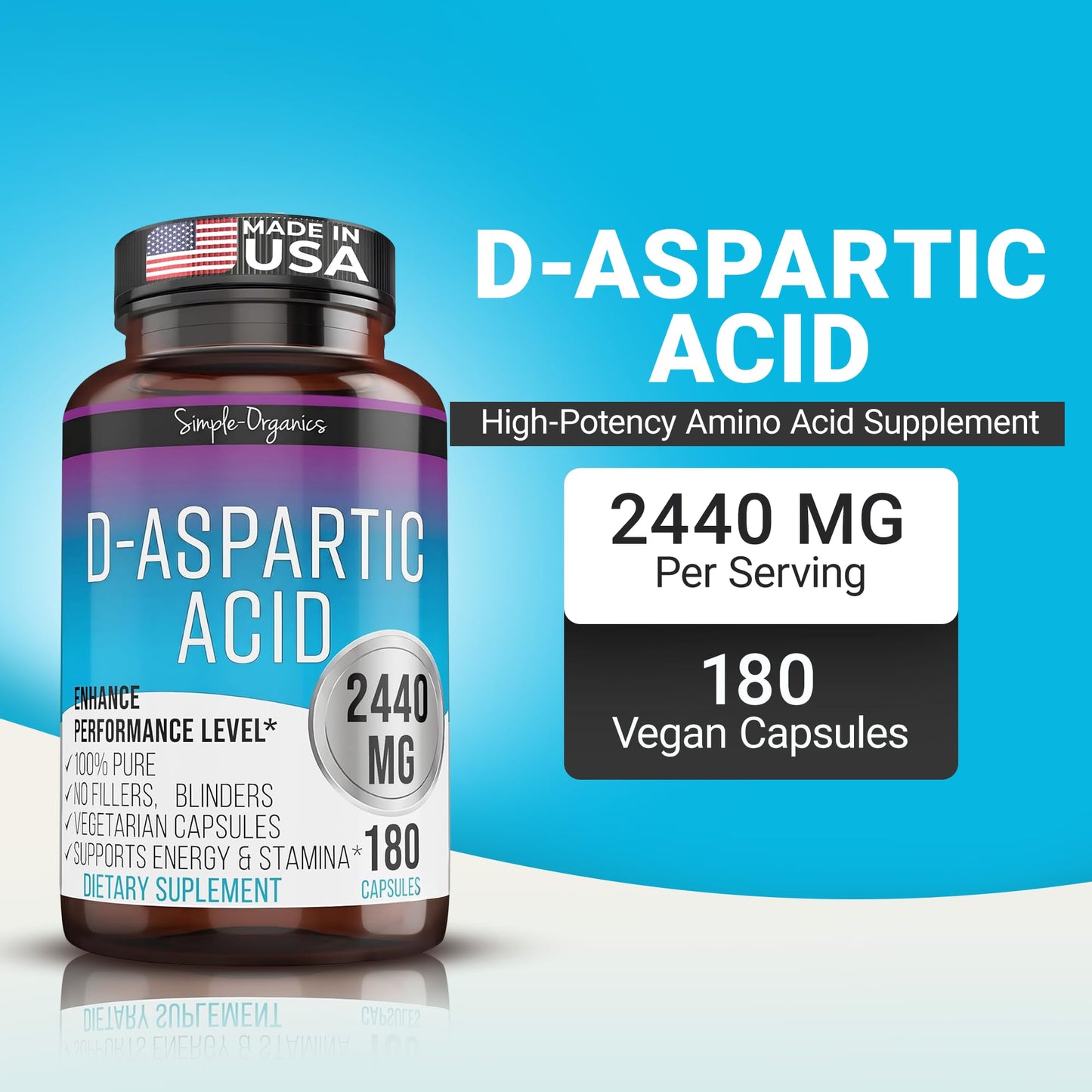 Simple-Organics D-Aspartic Acid Testosterone Support for Men 2440mg Capsule, 180 Count