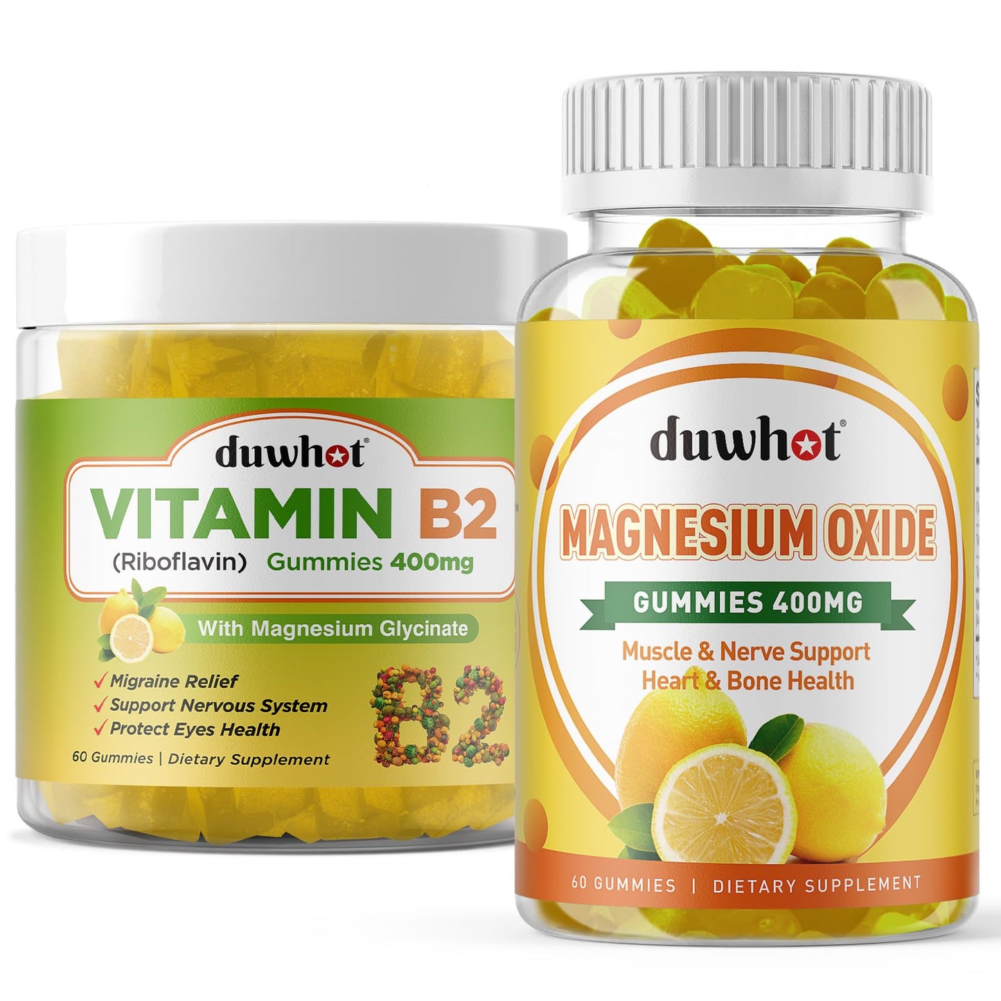duwhot Migraine Relief Vitamin B2 Gummies (Riboflavin) 400mg & Magnesium Oxide Gummies 400mg, Headache Relief & Nervous System Support, 120 Gummies