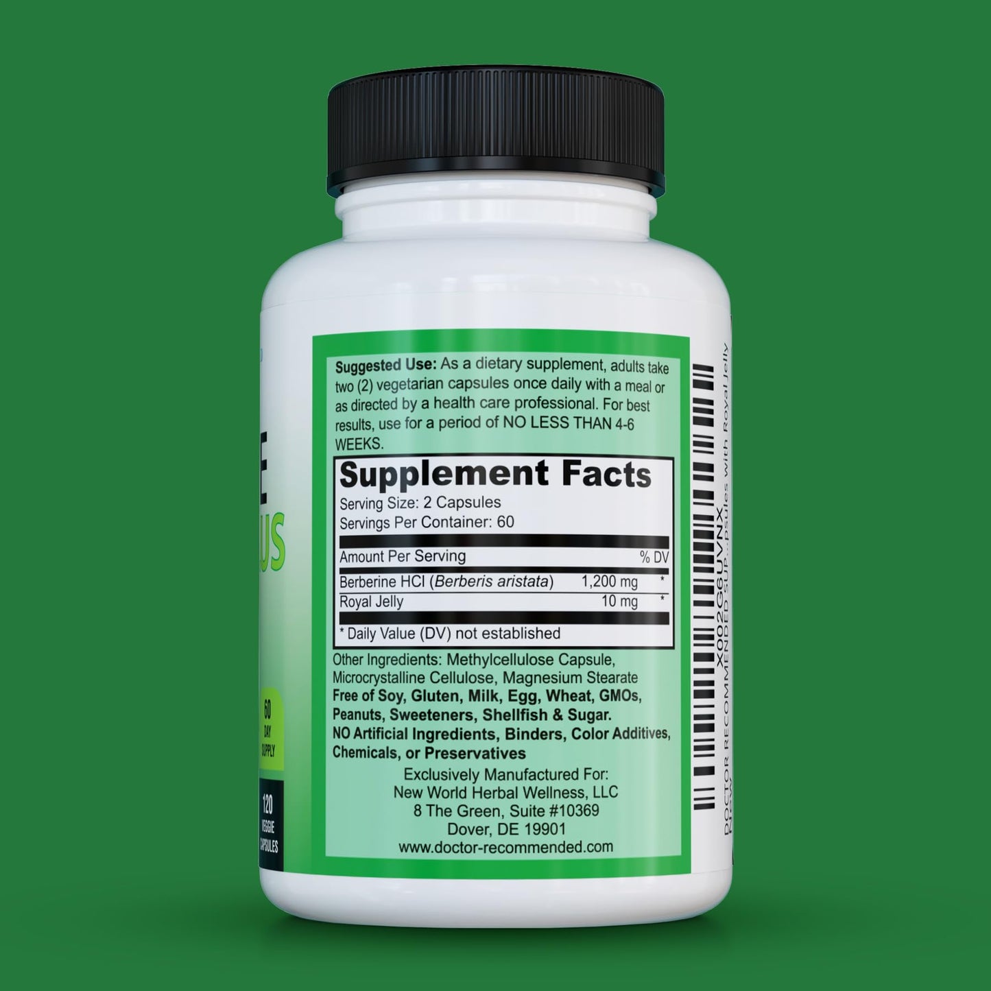 DOCTOR RECOMMENDED SUPPLEMENTS Berberine Plus 1200mg Per Serving Royal Jelly Veggie Capsules, 360 Capsules