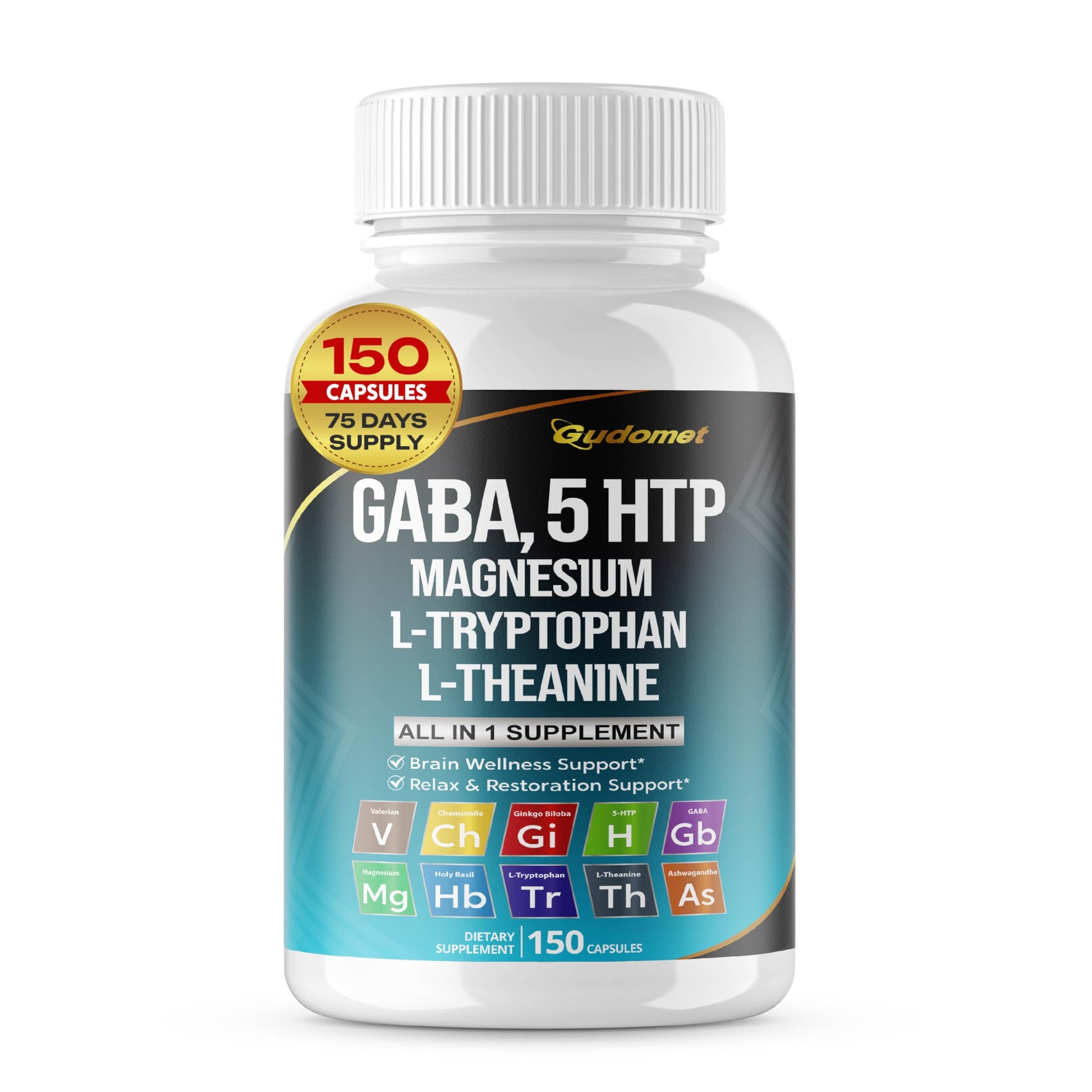GUDOMET GABA 5-HTP L-Tryptophan L-Theanine Vitamin D3 Vitamin B6 Holy Basil Valerian Chamomile Ginkgo Biloba Ginger Capsules 150