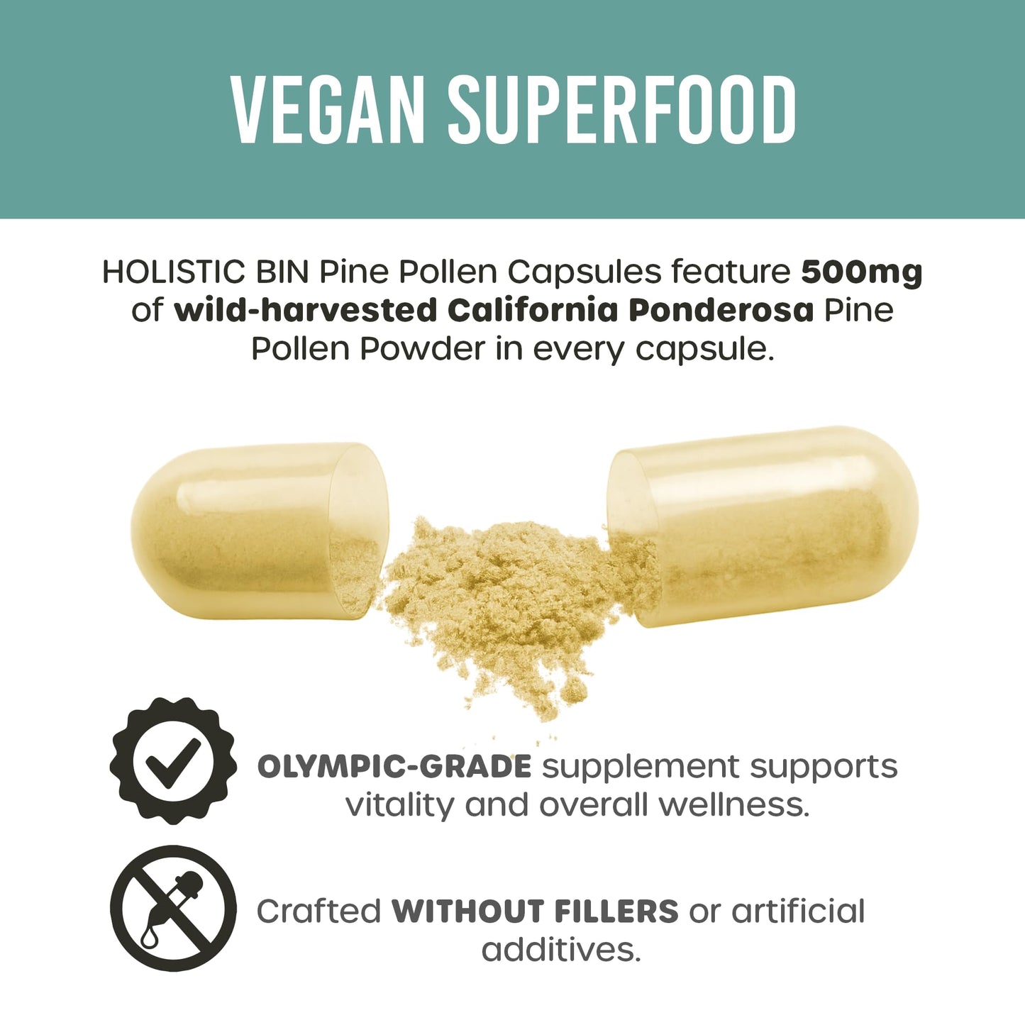 Holistic Bin Pine Pollen Capsules 500mg (Pinus Ponderosa) - Wild Harvested California Ponderosa Pine Pollen Powder - Olympic Grade - Organic, Non-GMO, No Fillers - 40 Capsules