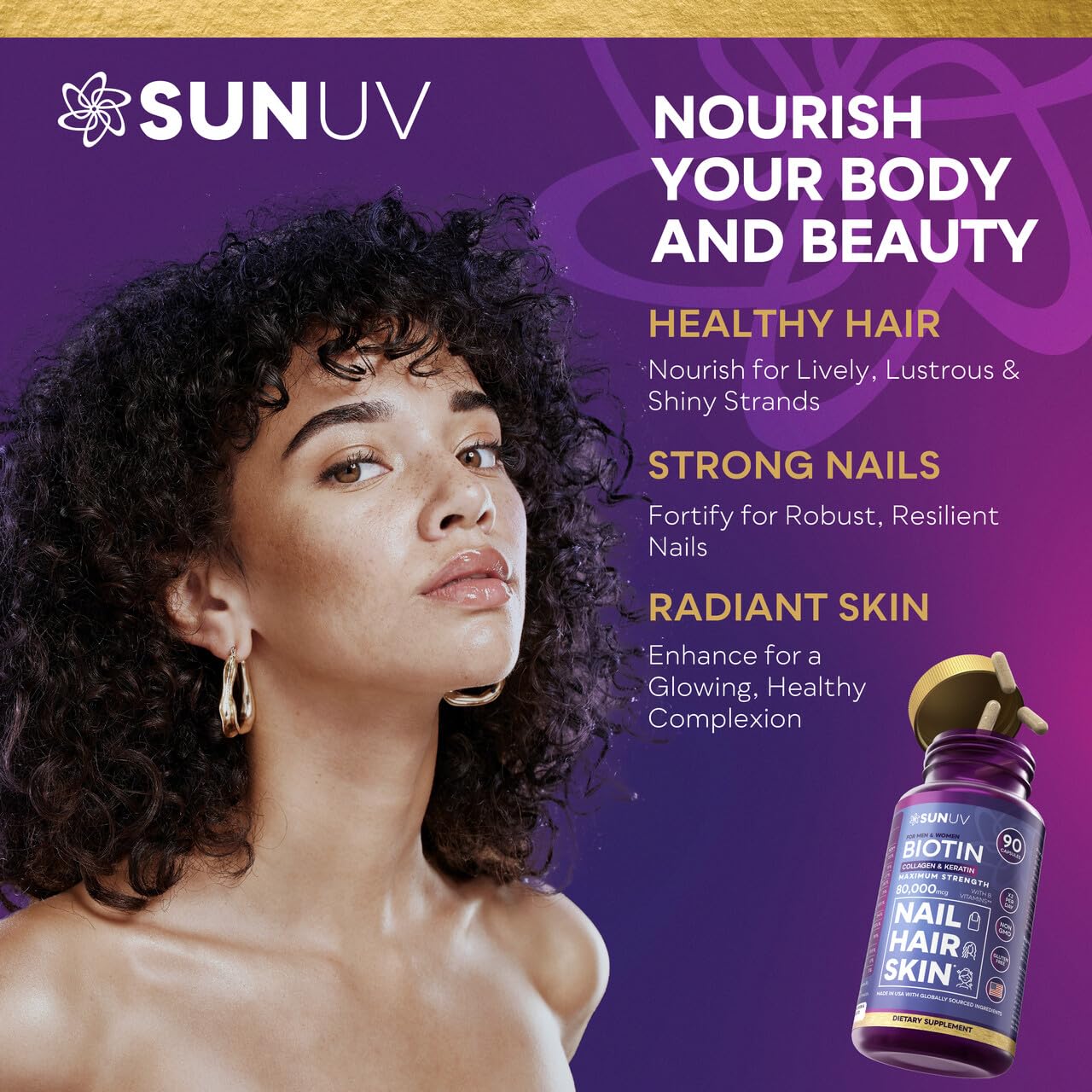 SUNUV Biotin 10,000mcg Collagen Keratin Hyaluronic Acid Hair Growth Vitamins for Hair Skin & Nails Support 90 Capsules
