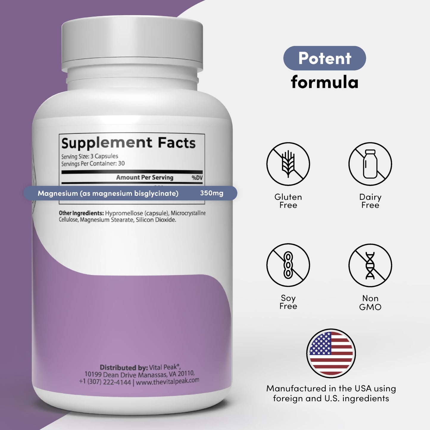 Vital Peak Magnesium 350 mg Natural High Absorption Magnesium Bisglycinate Supplement, 90 Capsules
