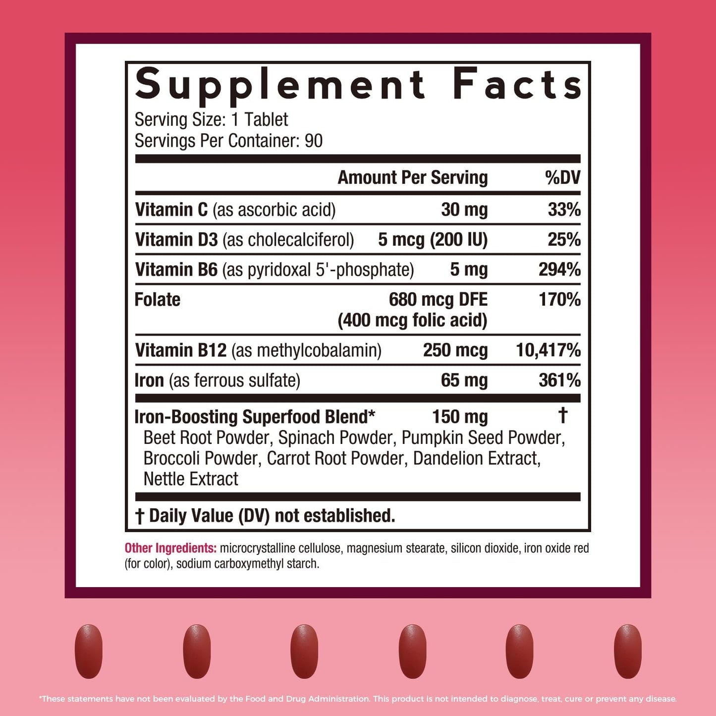 Doctor's Recipes Iron Supplement for Women & Men, Iron 65 mg with Vitamin C, D3, B6, B12, Folate, Beet Root, Pumpkin Seeds for Energy & Red Blood Cell Support Tablet, 90