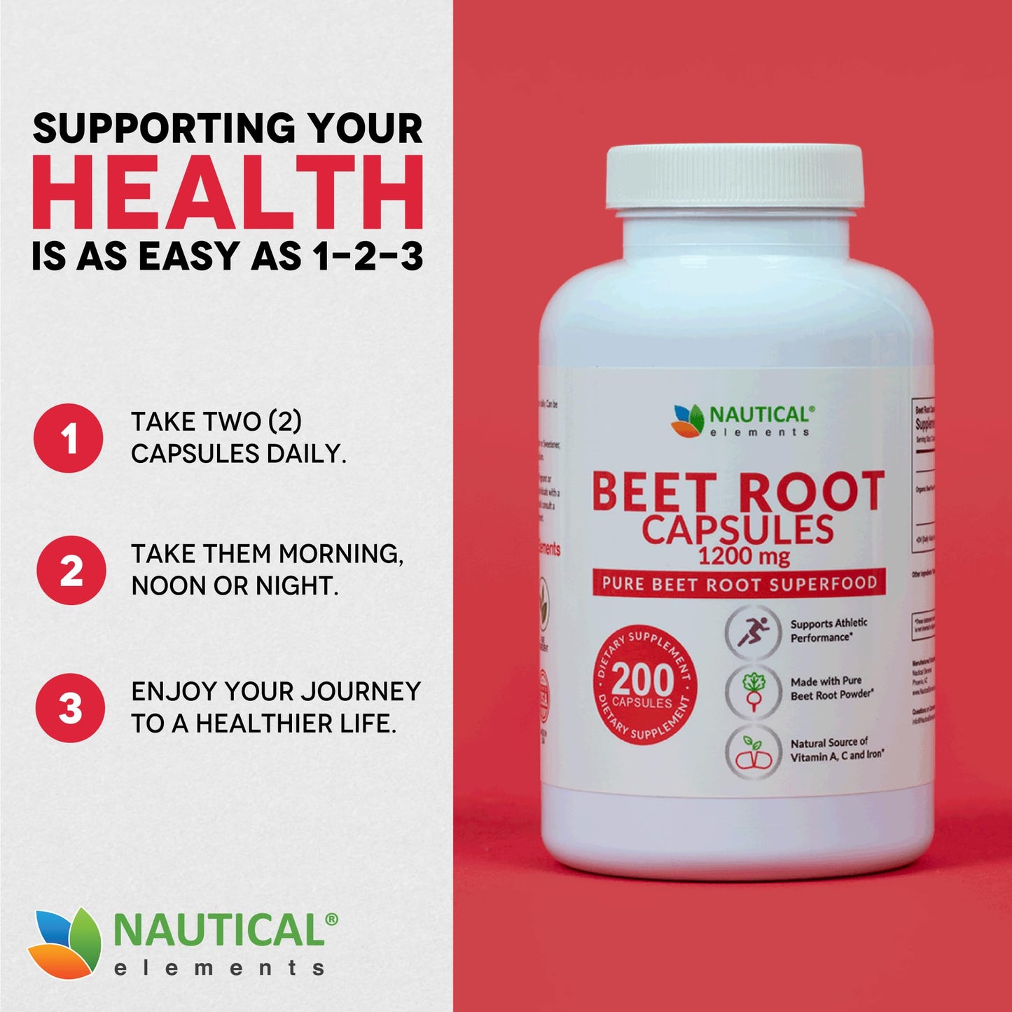 Nautical Elements Beet Root Capsules 1200mg per Serving, 200 Count