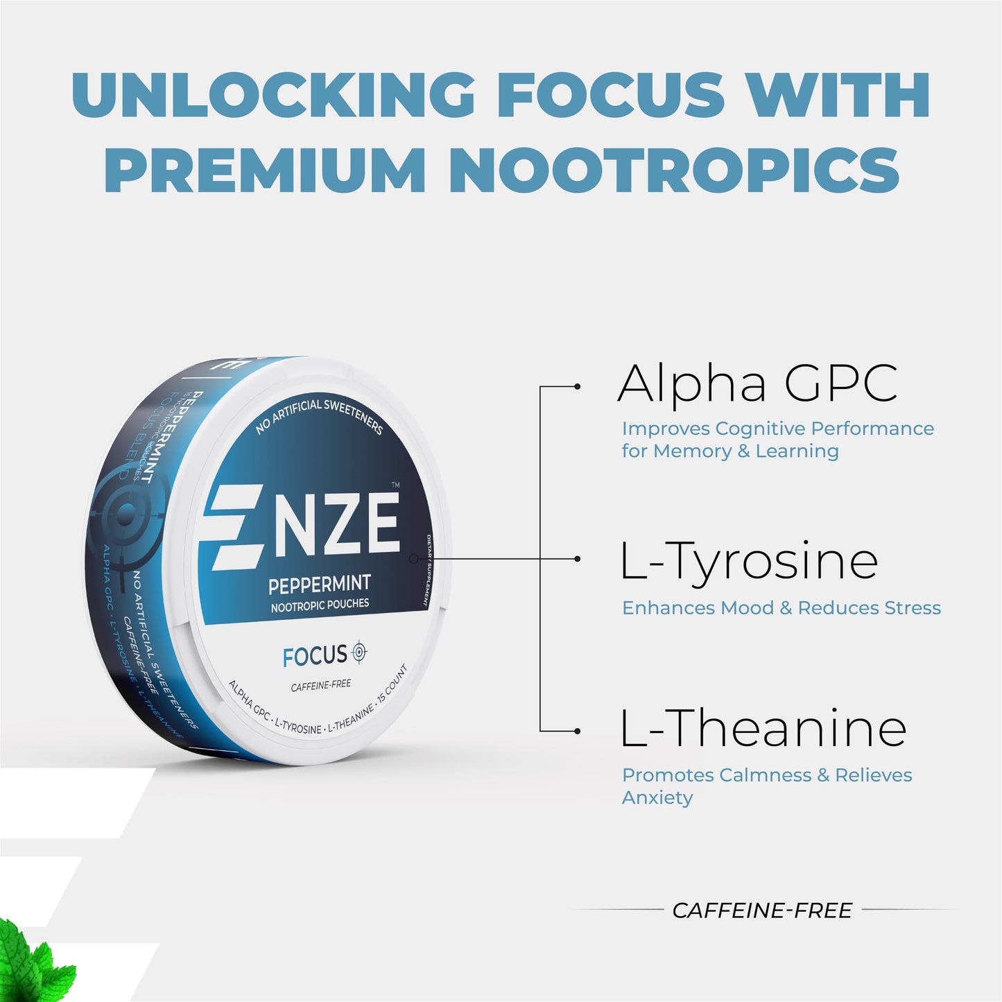 NZE Caffeine Free Nootropic Pouches (Peppermint) - Nootropic Pouches with Alpha GPC, L-Tyrosine & L-Theanine - No Sugar or Artificial Sweeteners - 5 Caplets