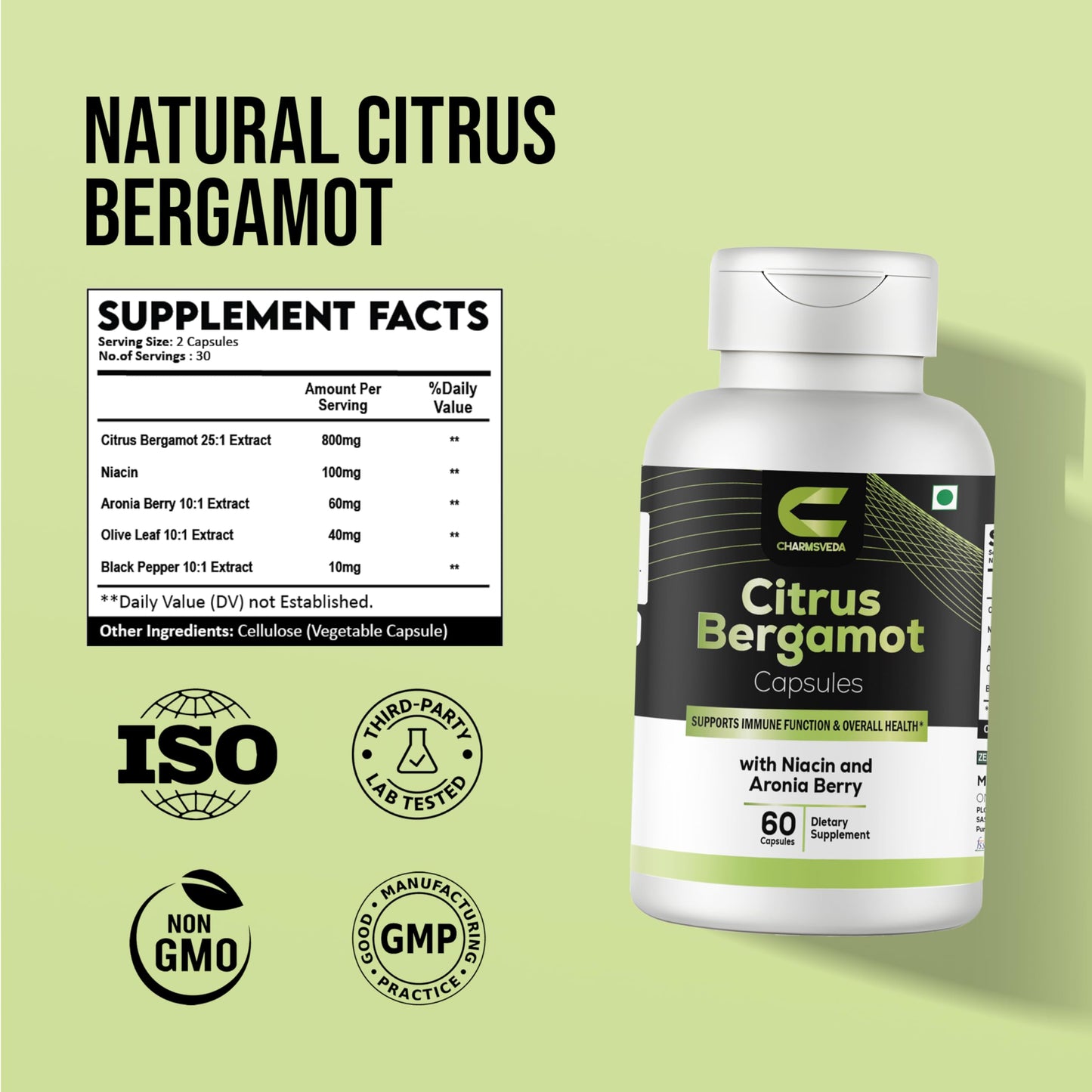 CHARMSVEDA Citrus Bergamot with Niacin & Aronia Berry – Advanced Liver Health, Immune & Heart Support – Olive Leaf & Black Pepper Extract – 60 Vegan Capsules