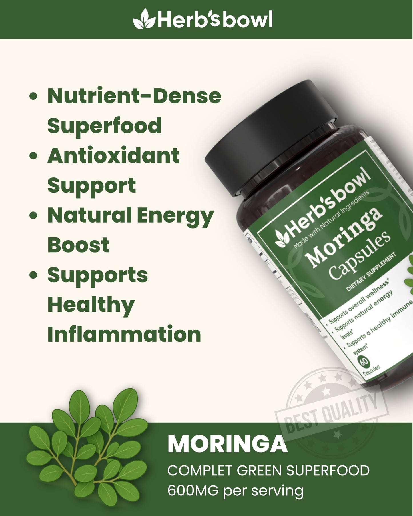 Herb'sbowl Moringa Capsules, 600mg per Serving, 60 Capsules
