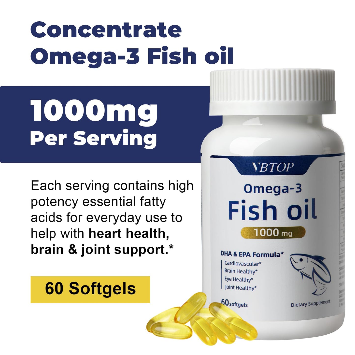 VBTOP Fish Oil Omega-3 Concentrate Supplement 1000 mg Softgels, 60 Count