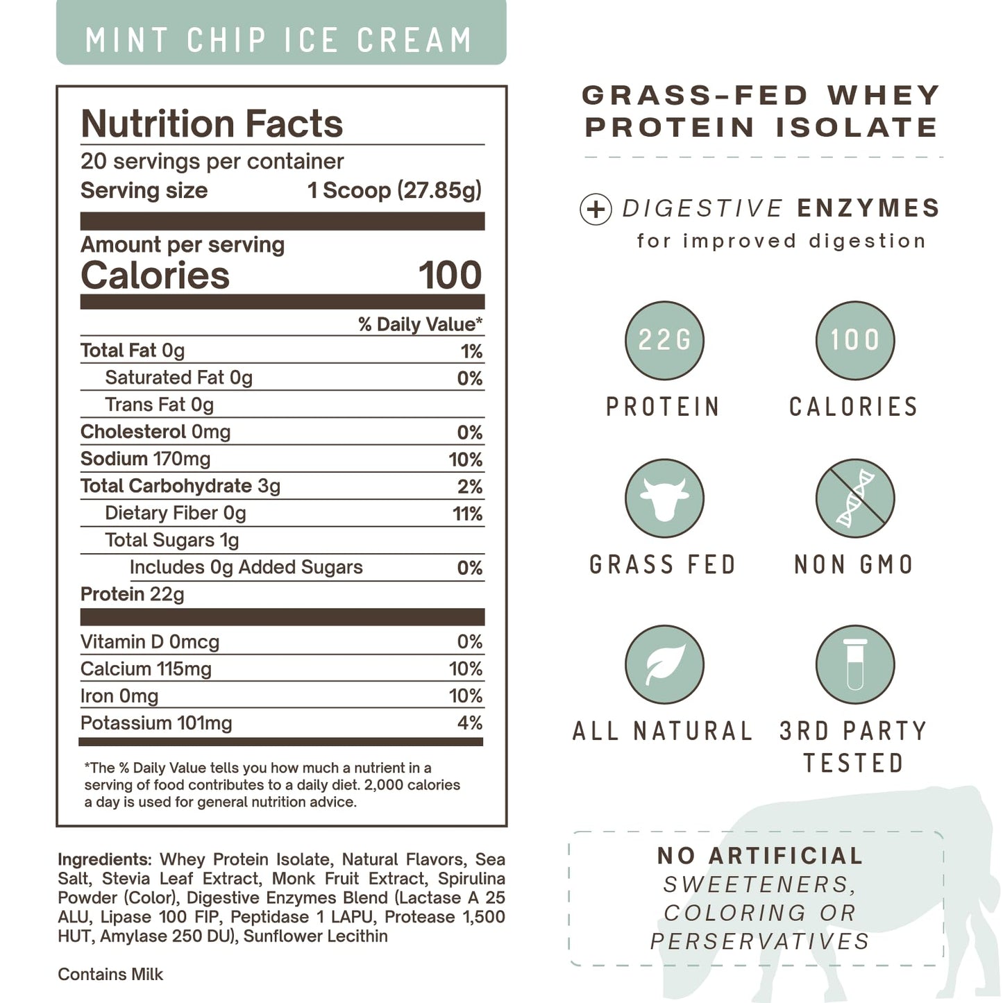 PWDRS 100% Grass-Fed Whey Protein Isolate Protein Powder, 22 g Protein, Mint Chip, 1.25 lbs