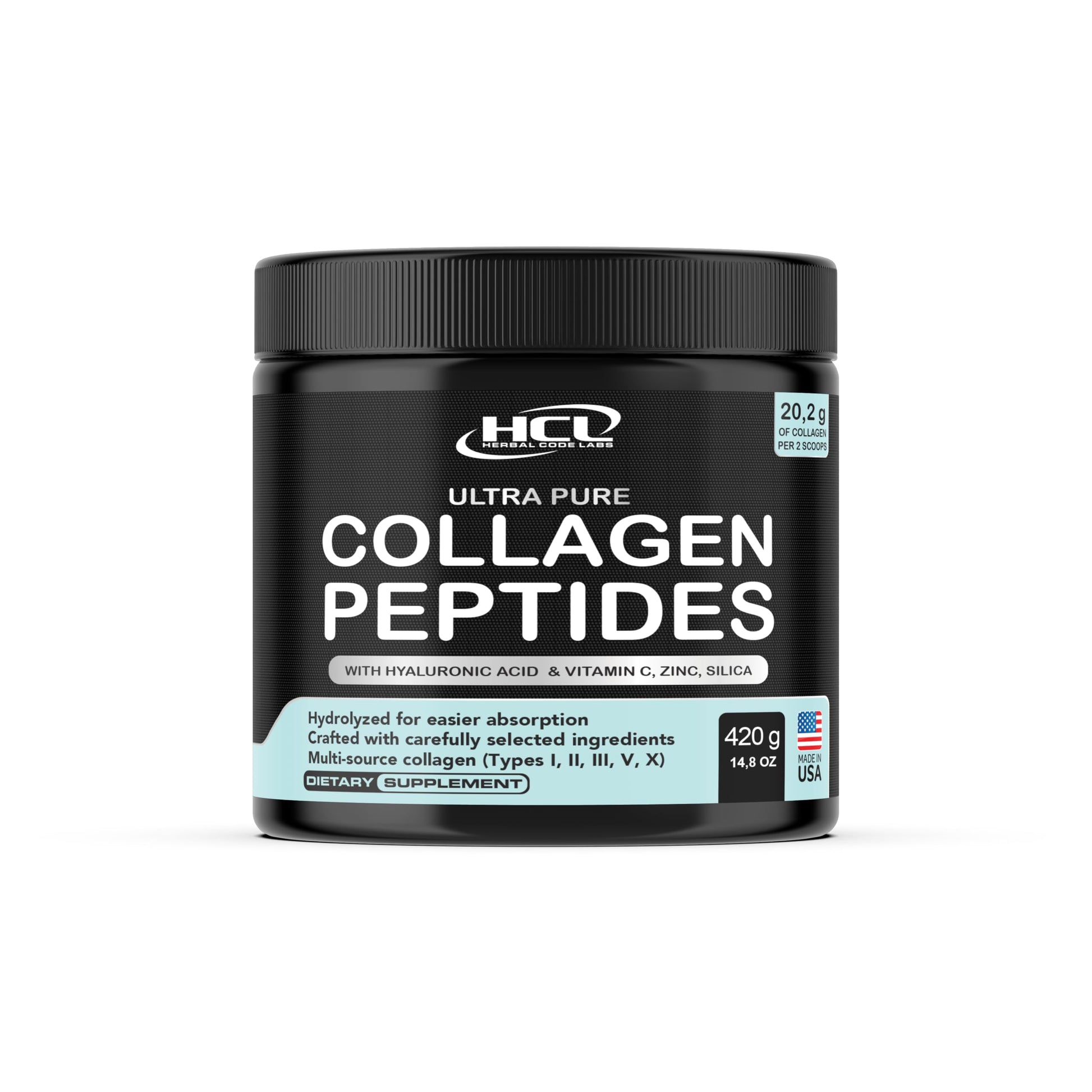 HCL Herbal Code Labs Collagen Peptides Powder with Vitamin C & Hyaluronic Acid 1 oz