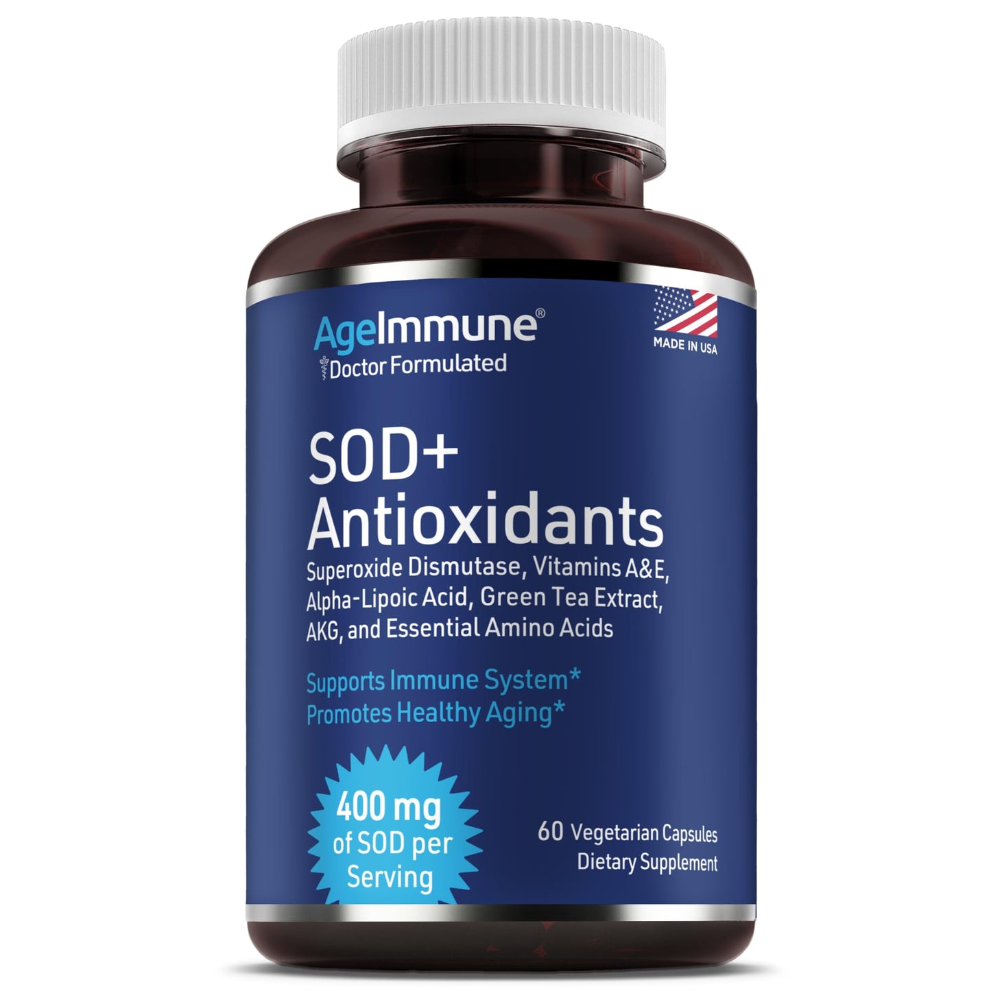 AgeImmune SOD Antioxidants Complex Healthy Aging Supplement - 400mg Superoxide Dismutase - Alpha Lipoic Acid - L-Arginine - Lysine - AKG - Vitamin A - Vitamin E for Immune Support, 60 Capsules