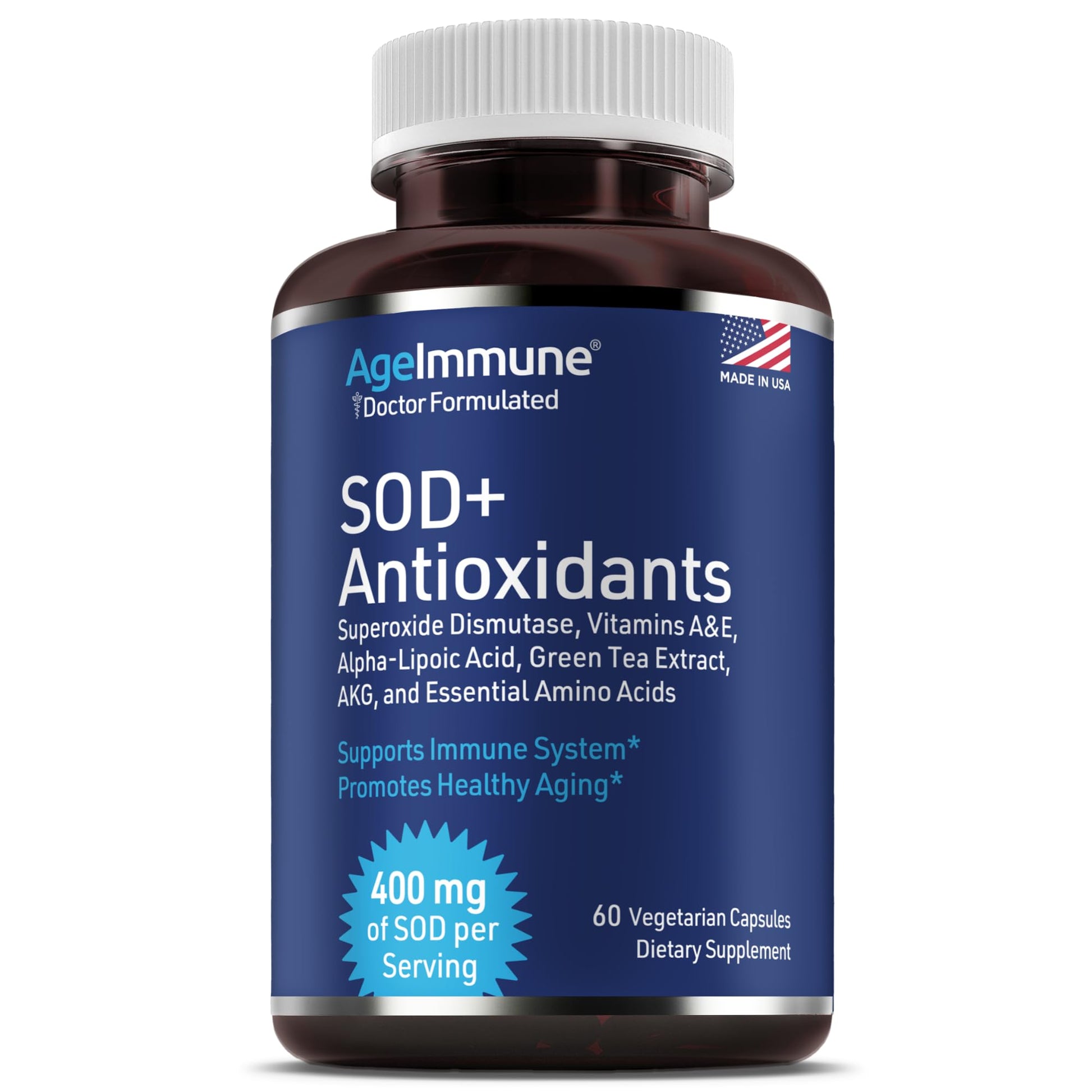 AgeImmune SOD Antioxidants Complex Healthy Aging Supplement - 400mg Superoxide Dismutase - Alpha Lipoic Acid - L-Arginine - Lysine - AKG - Vitamin A - Vitamin E for Immune Support, 60 Capsules